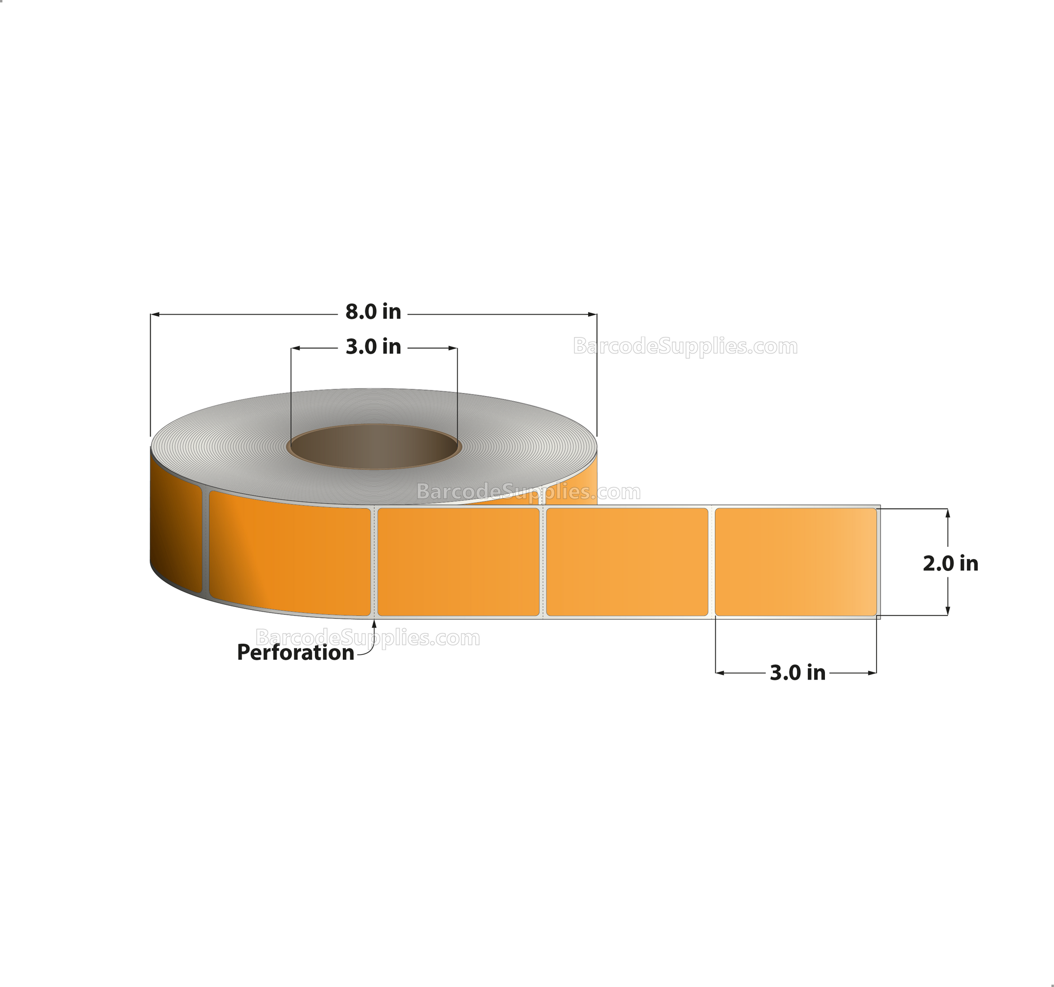 2 x 3 Thermal Transfer Fluorescent 804 Orange Labels With Permanent Adhesive - Perforated - 1900 Labels Per Roll - Carton Of 8 Rolls - 15200 Labels Total - MPN: FL-2-3-1900-OR