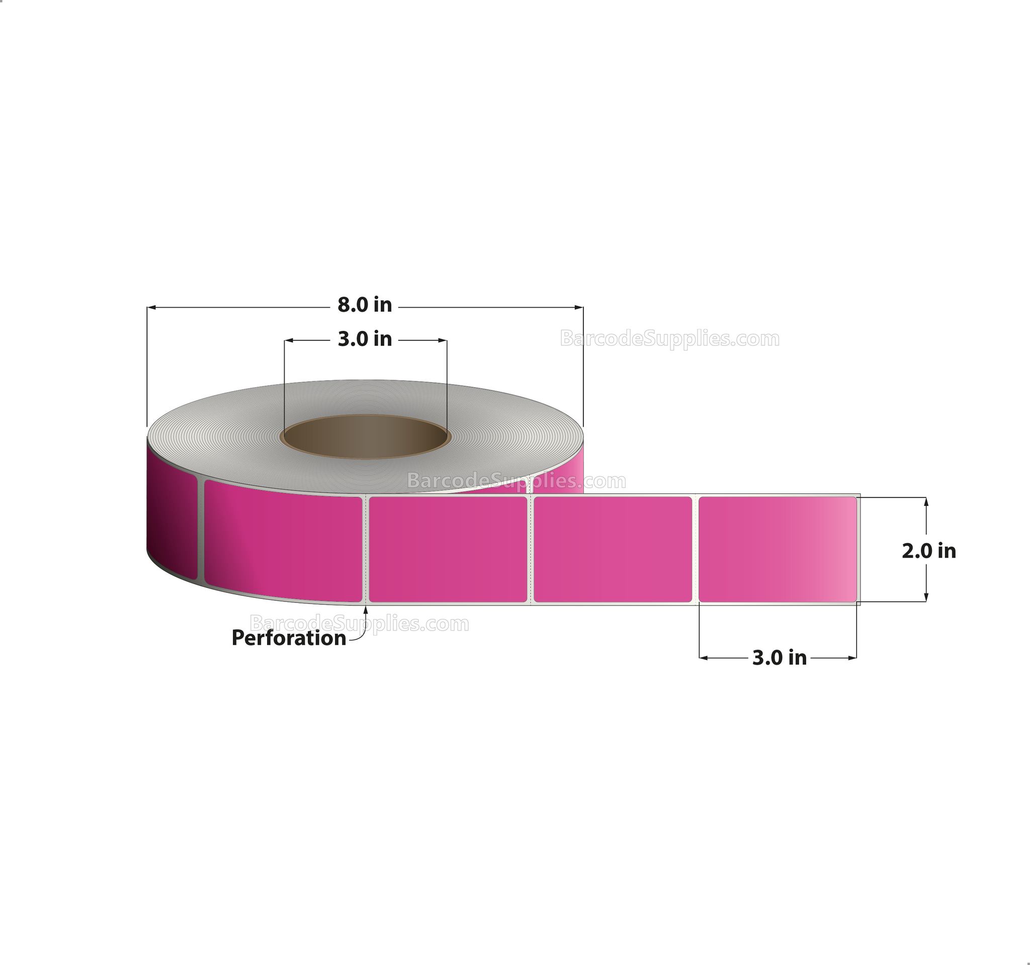 2 x 3 Thermal Transfer Fluorescent 806 Pink Labels With Permanent Adhesive - Perforated - 1900 Labels Per Roll - Carton Of 8 Rolls - 15200 Labels Total - MPN: FL-2-3-1900-PK