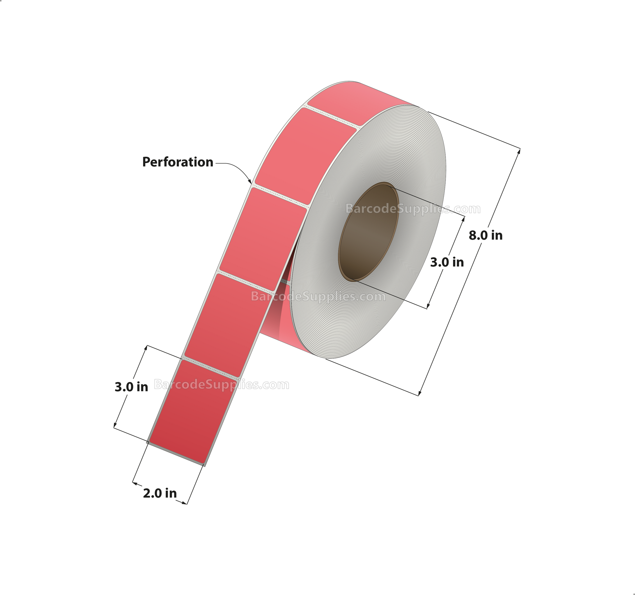 2 x 3 Thermal Transfer Fluorescent 805 Red Labels With Permanent Adhesive - Perforated - 1900 Labels Per Roll - Carton Of 8 Rolls - 15200 Labels Total - MPN: FL-2-3-1900-RD