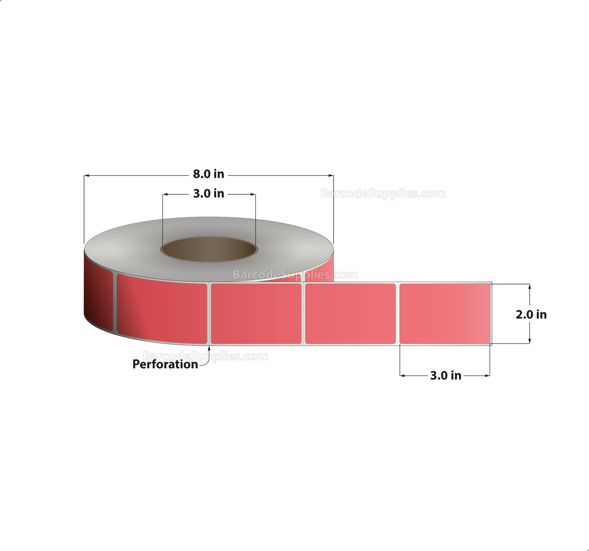 2 x 3 Thermal Transfer Fluorescent 805 Red Labels With Permanent Adhesive - Perforated - 1900 Labels Per Roll - Carton Of 8 Rolls - 15200 Labels Total - MPN: FL-2-3-1900-RD