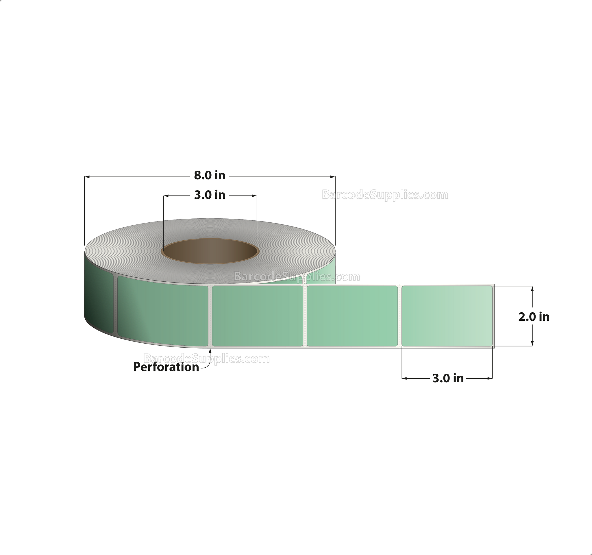 2 x 3 Thermal Transfer 345 Green Labels With Permanent Adhesive - Perforated - 1900 Labels Per Roll - Carton Of 8 Rolls - 15200 Labels Total - MPN: RFC-2-3-1900-GR