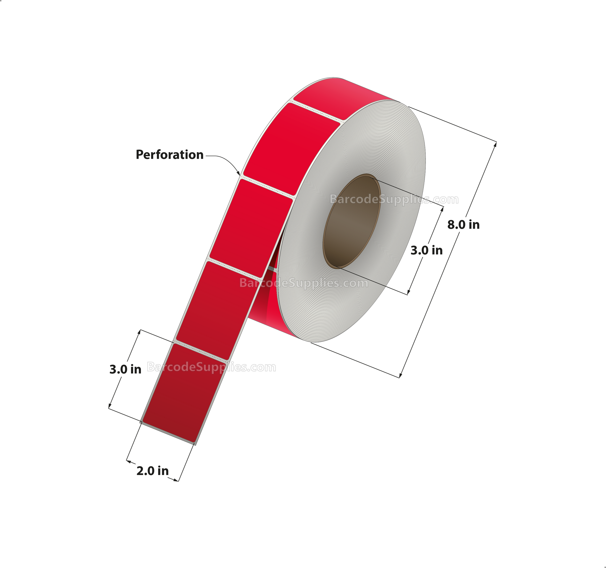 2 x 3 Thermal Transfer 032 Red Labels With Permanent Adhesive - Perforated - 1900 Labels Per Roll - Carton Of 8 Rolls - 15200 Labels Total - MPN: RFC-2-3-1900-RD