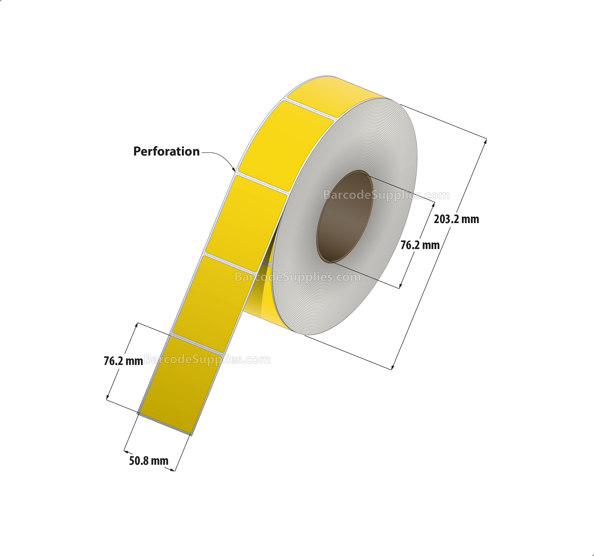 2 x 3 Thermal Transfer Pantone Yellow Labels With Permanent Adhesive - Perforated - 1900 Labels Per Roll - Carton Of 8 Rolls - 15200 Labels Total - MPN: RFC-2-3-1900-YL