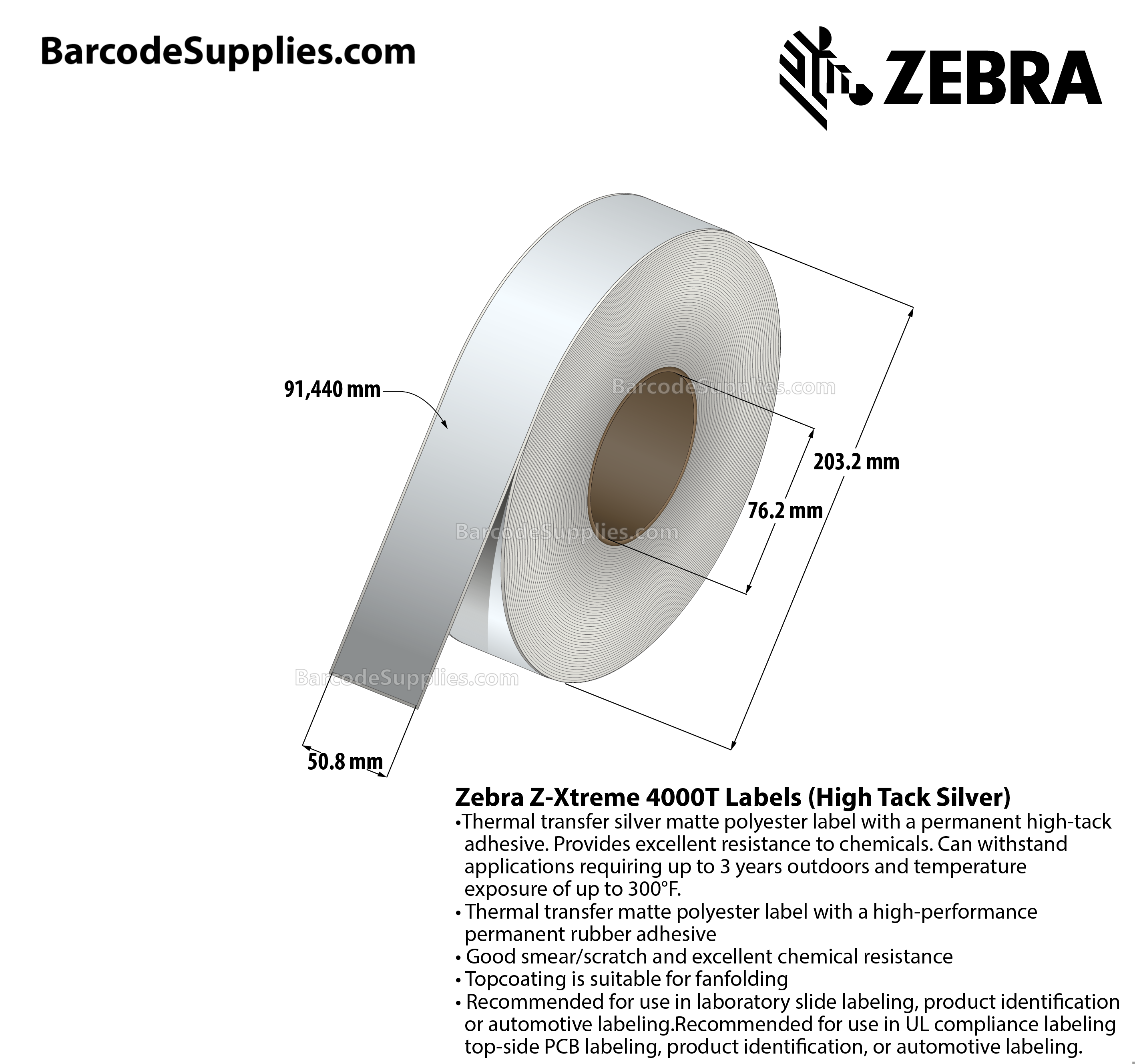2 x 300' Thermal Transfer Silver Z-Xtreme 4000T High-Tack Silver Labels With High-tack Adhesive - Continuous - Labels Per Roll - Carton Of 1 Rolls - 0 Labels Total - MPN: 10023176