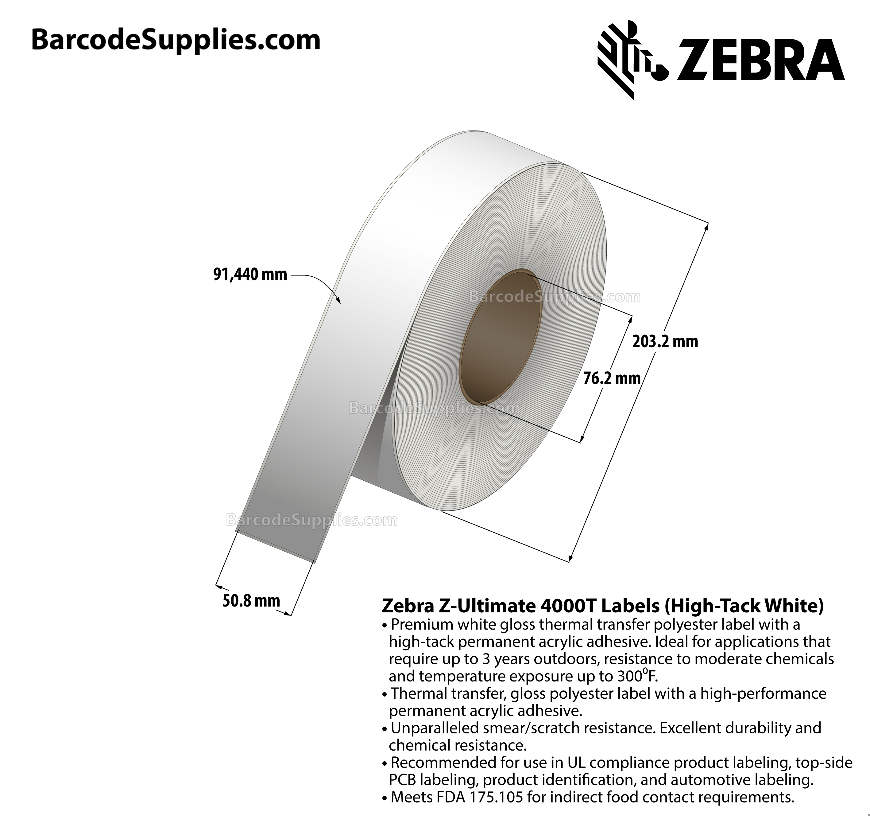 2 x 300' Thermal Transfer White Z-Ultimate 4000T High-Tack White Labels With High-tack Adhesive - Continuous - Labels Per Roll - Carton Of 1 Rolls - 0 Labels Total - MPN: 10023055