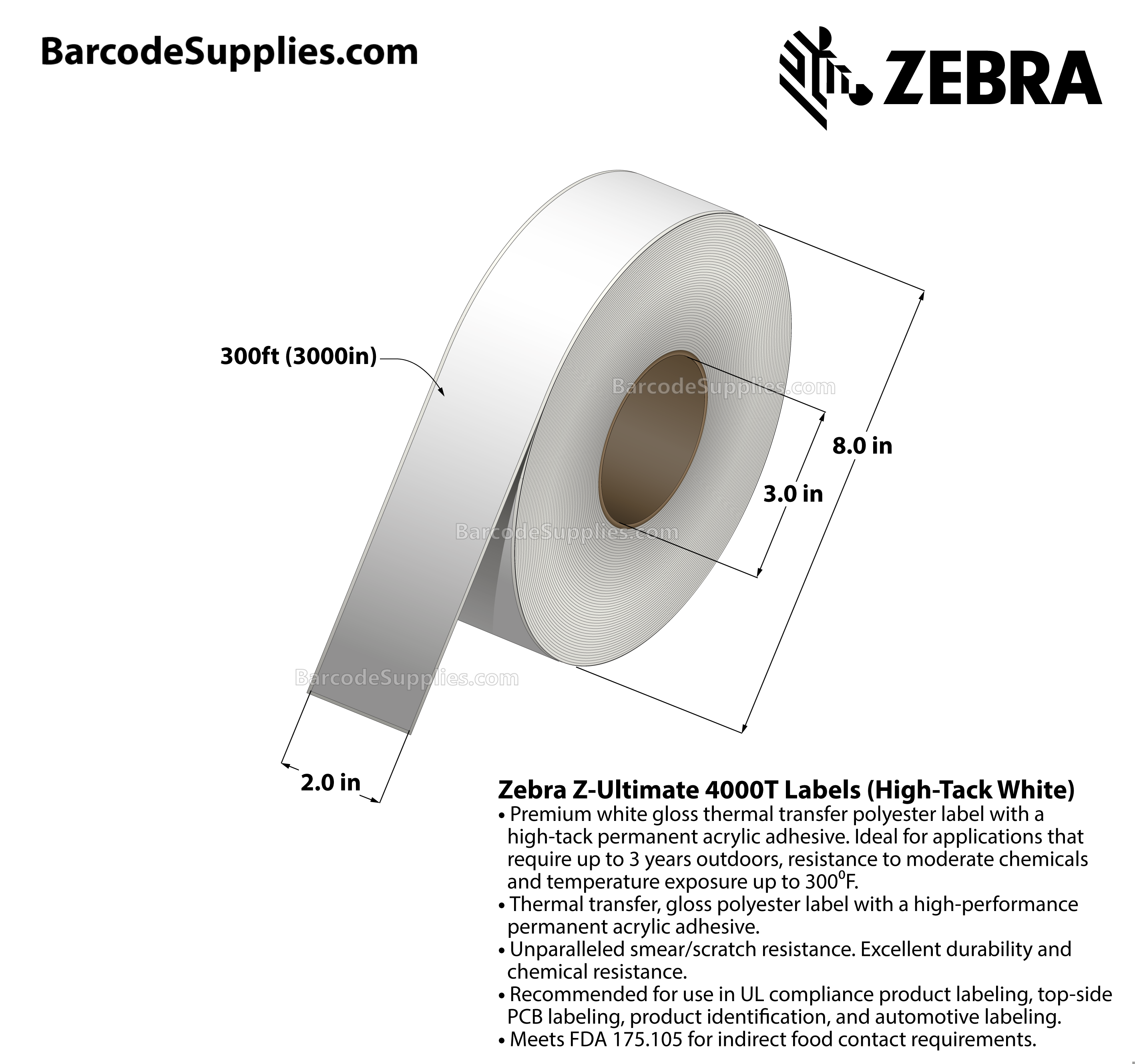 2 x 300' Thermal Transfer White Z-Ultimate 4000T High-Tack White Labels With High-tack Adhesive - Continuous - Labels Per Roll - Carton Of 1 Rolls - 0 Labels Total - MPN: 10023055