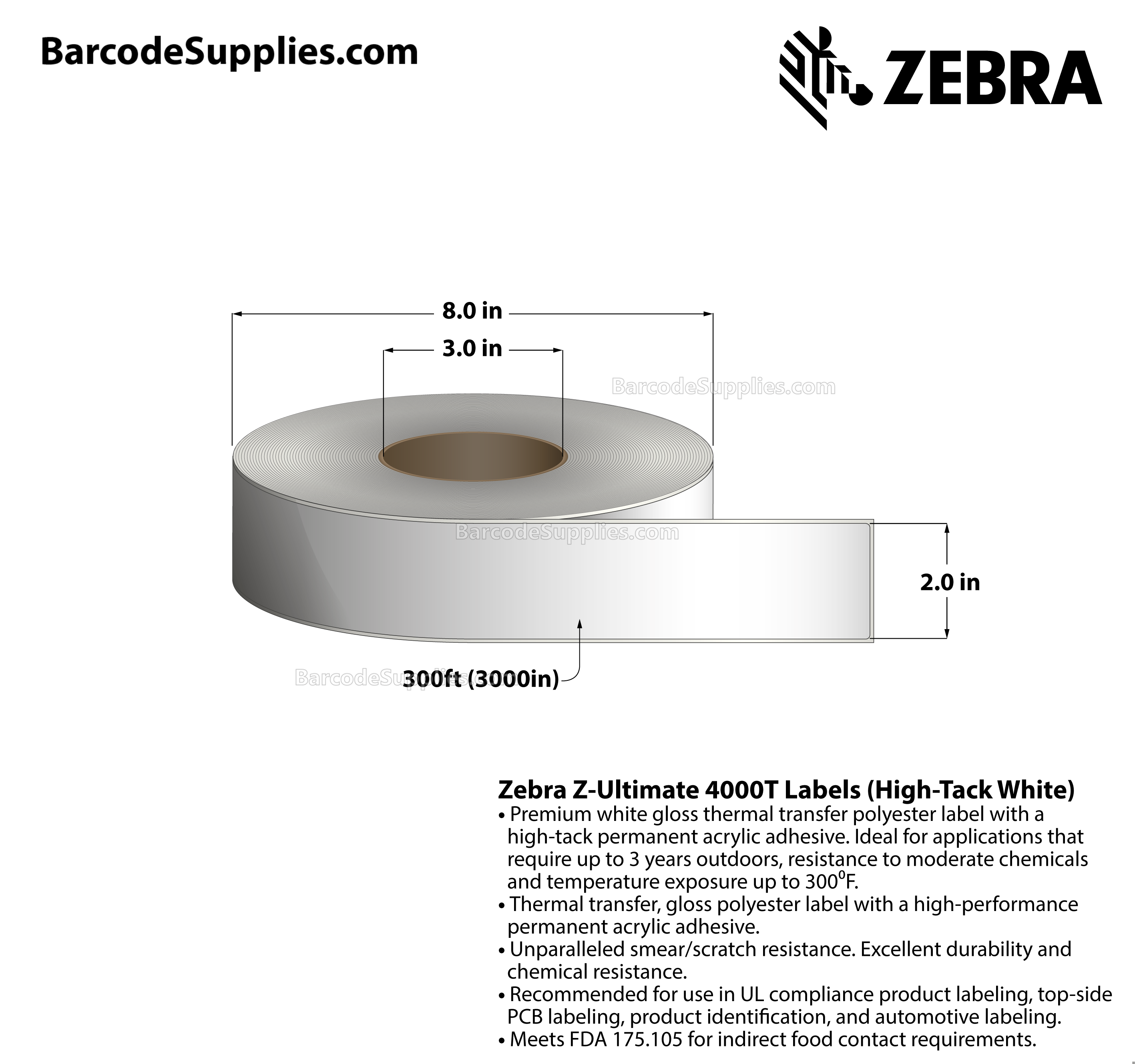 2 x 300' Thermal Transfer White Z-Ultimate 4000T High-Tack White Labels With High-tack Adhesive - Continuous - Labels Per Roll - Carton Of 1 Rolls - 0 Labels Total - MPN: 10023055