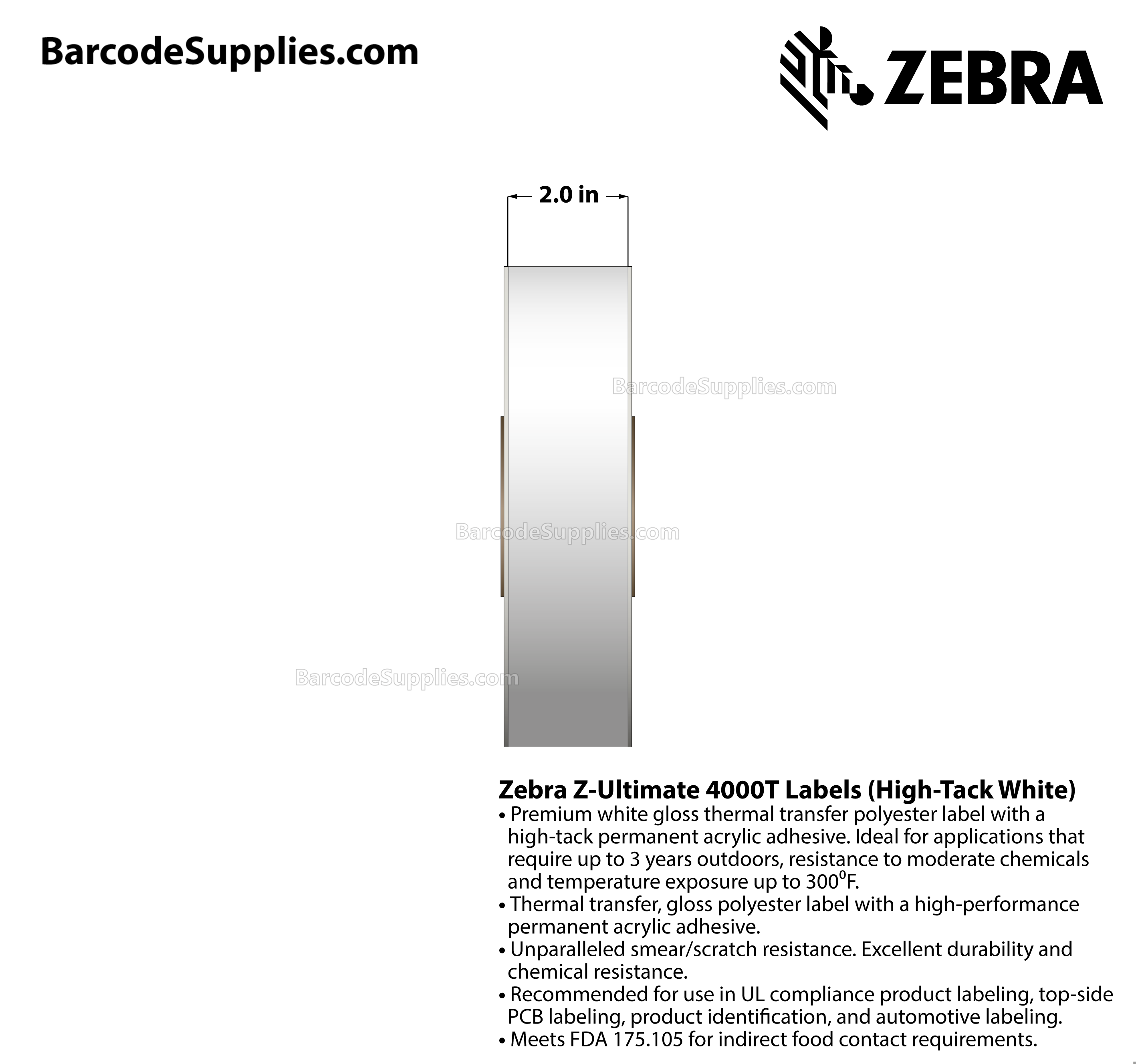 2 x 300' Thermal Transfer White Z-Ultimate 4000T High-Tack White Labels With High-tack Adhesive - Continuous - Labels Per Roll - Carton Of 1 Rolls - 0 Labels Total - MPN: 10023055