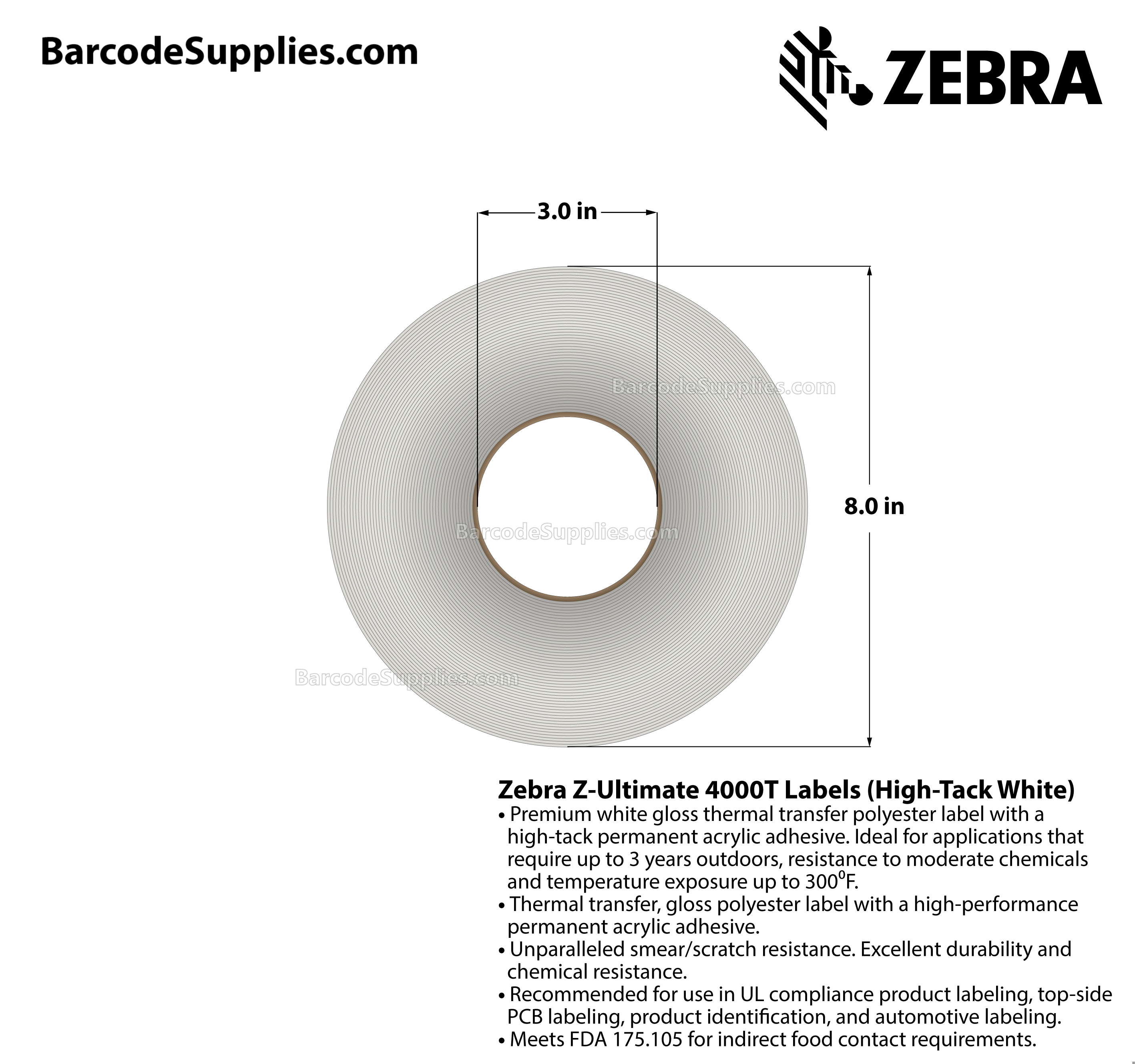 2 x 300' Thermal Transfer White Z-Ultimate 4000T High-Tack White Labels With High-tack Adhesive - Continuous - Labels Per Roll - Carton Of 1 Rolls - 0 Labels Total - MPN: 10023055