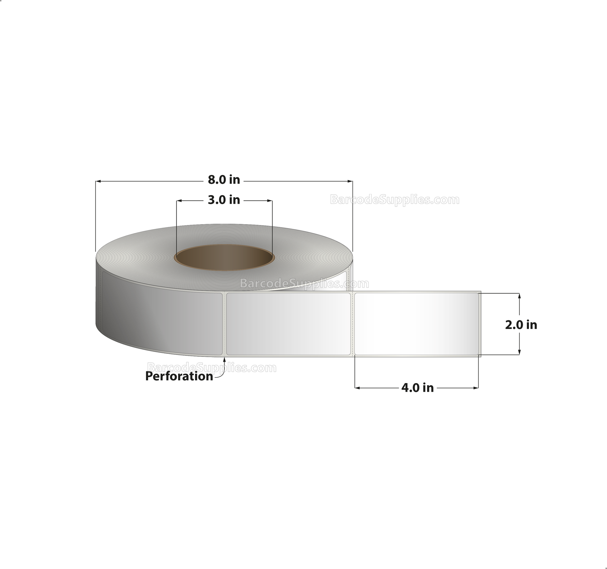 2 x 4 Thermal Transfer White Labels With Permanent Adhesive - Perforated - 1500 Labels Per Roll - Carton Of 8 Rolls - 12000 Labels Total - MPN: RT-2-4-1500-3