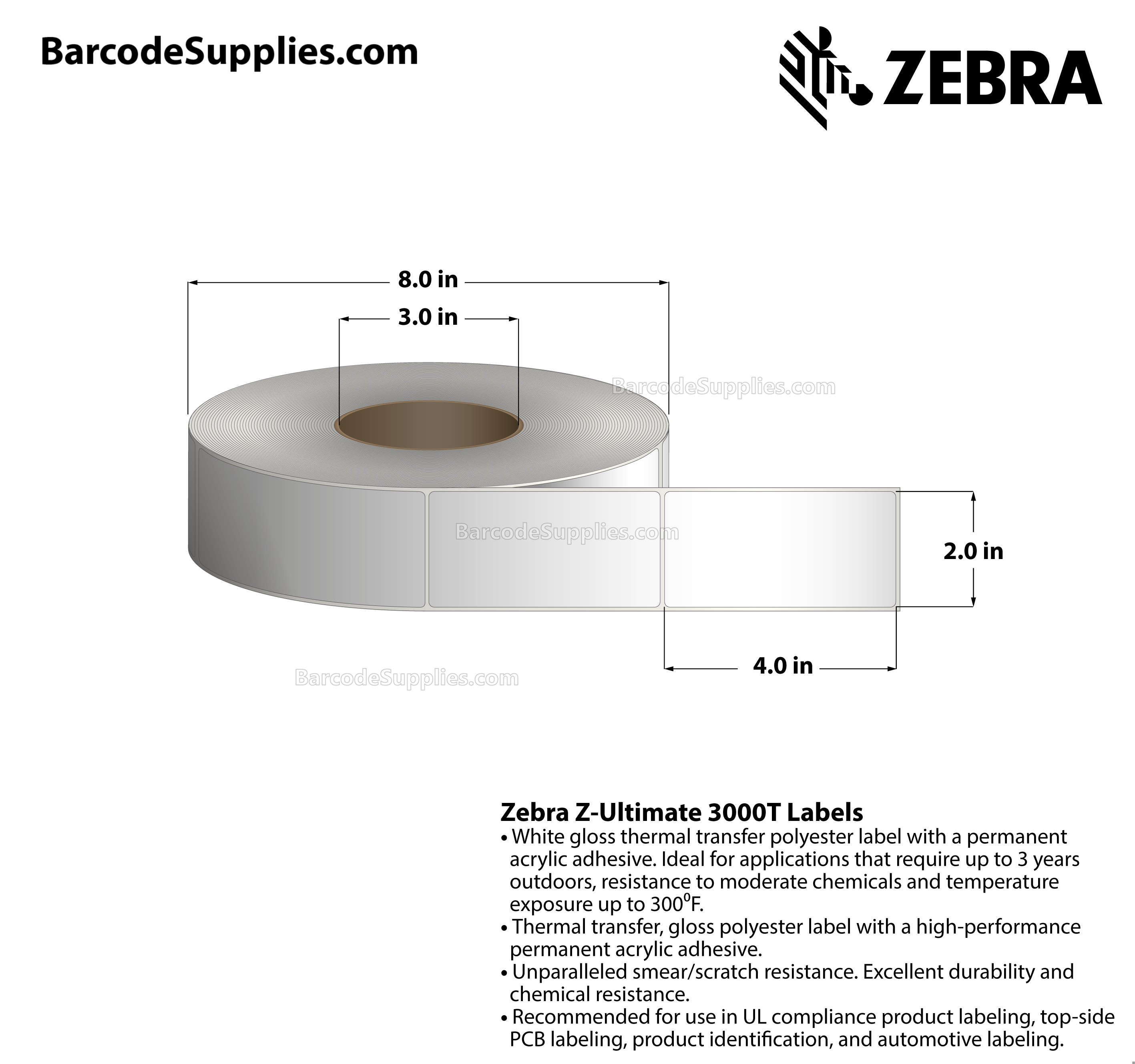 2 x 4 Thermal Transfer White Z-Ultimate 3000T Labels With Permanent Adhesive - Not Perforated - 1570 Labels Per Roll - Carton Of 4 Rolls - 6280 Labels Total - MPN: 10011699