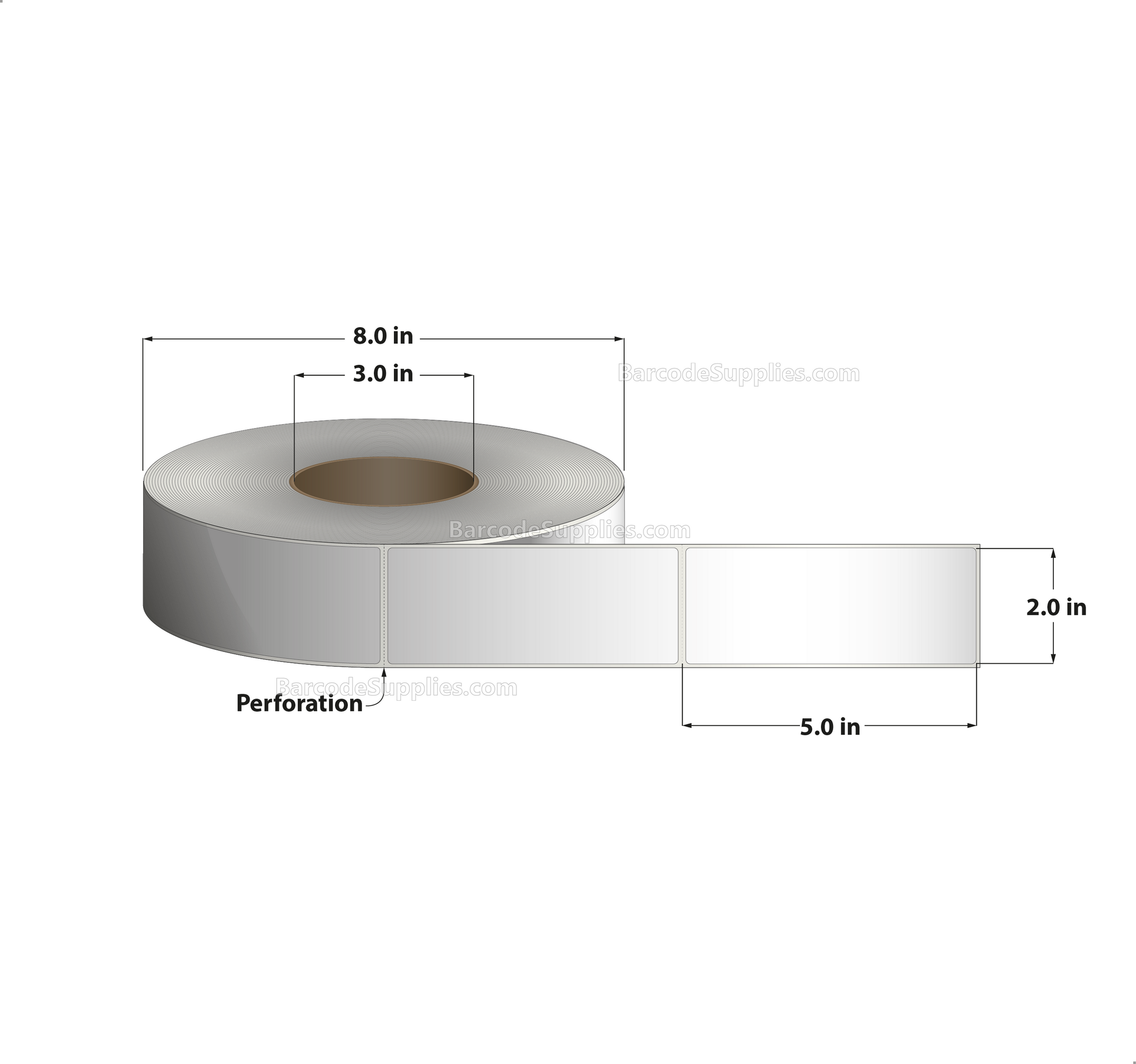 2 x 5 Thermal Transfer White Labels With Permanent Adhesive - Perforated - 1200 Labels Per Roll - Carton Of 8 Rolls - 9600 Labels Total - MPN: RT-2-5-1200-3