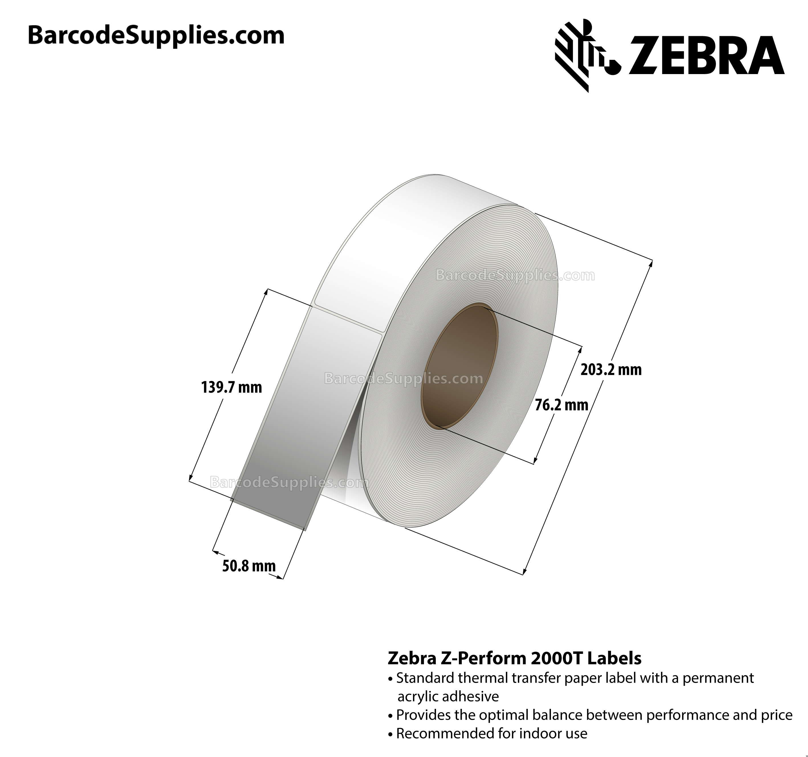 2 x 5.5 Thermal Transfer White Z-Perform 2000T All-Temp Labels With All-Temp Adhesive - Not Perforated - 1050 Labels Per Roll - Carton Of 10 Rolls - 10500 Labels Total - MPN: 72305