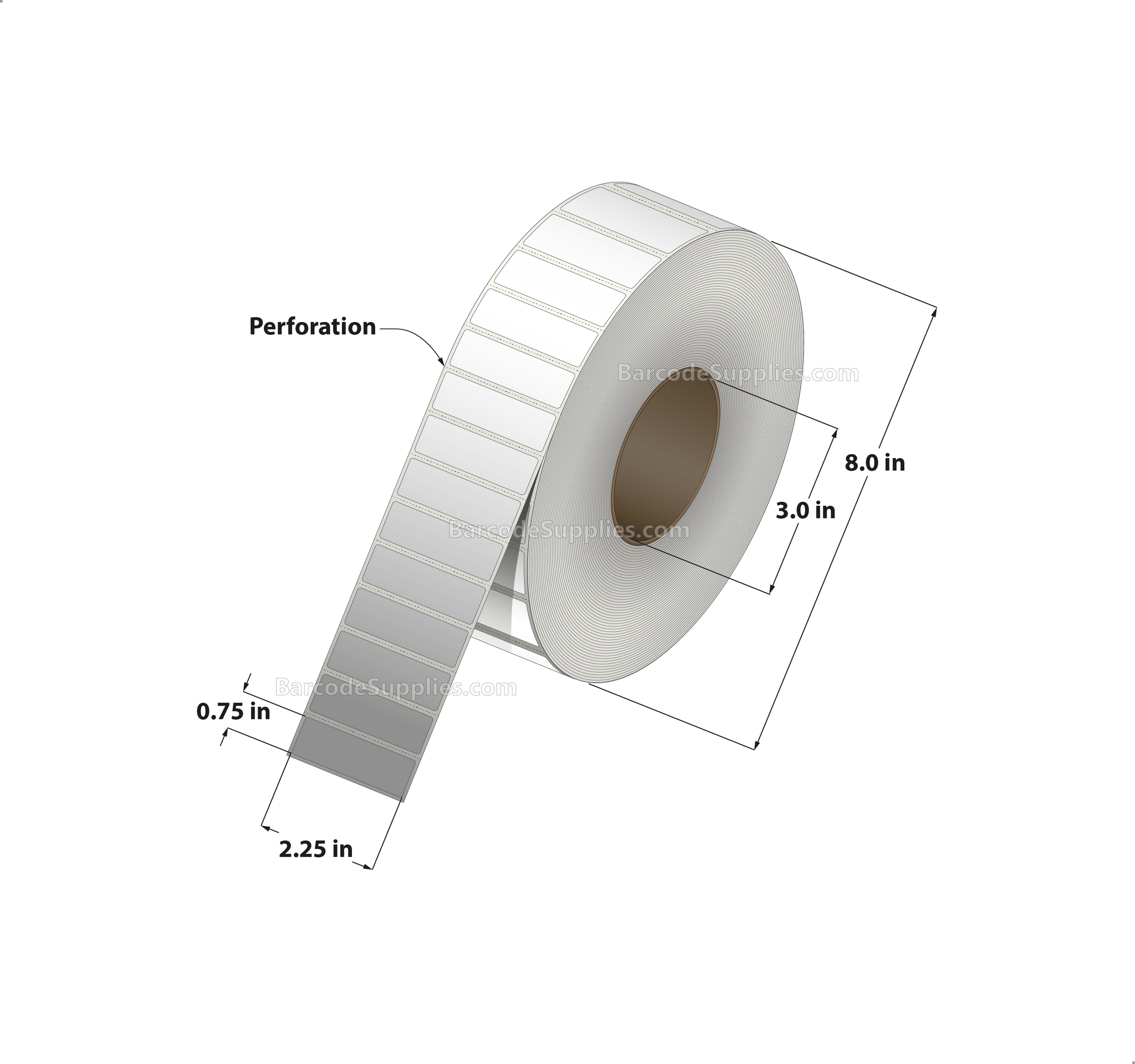 2.25 x 0.75 Thermal Transfer White Labels With Permanent Adhesive - Perforated - 7500 Labels Per Roll - Carton Of 8 Rolls - 60000 Labels Total - MPN: RT-225-075-7500-3