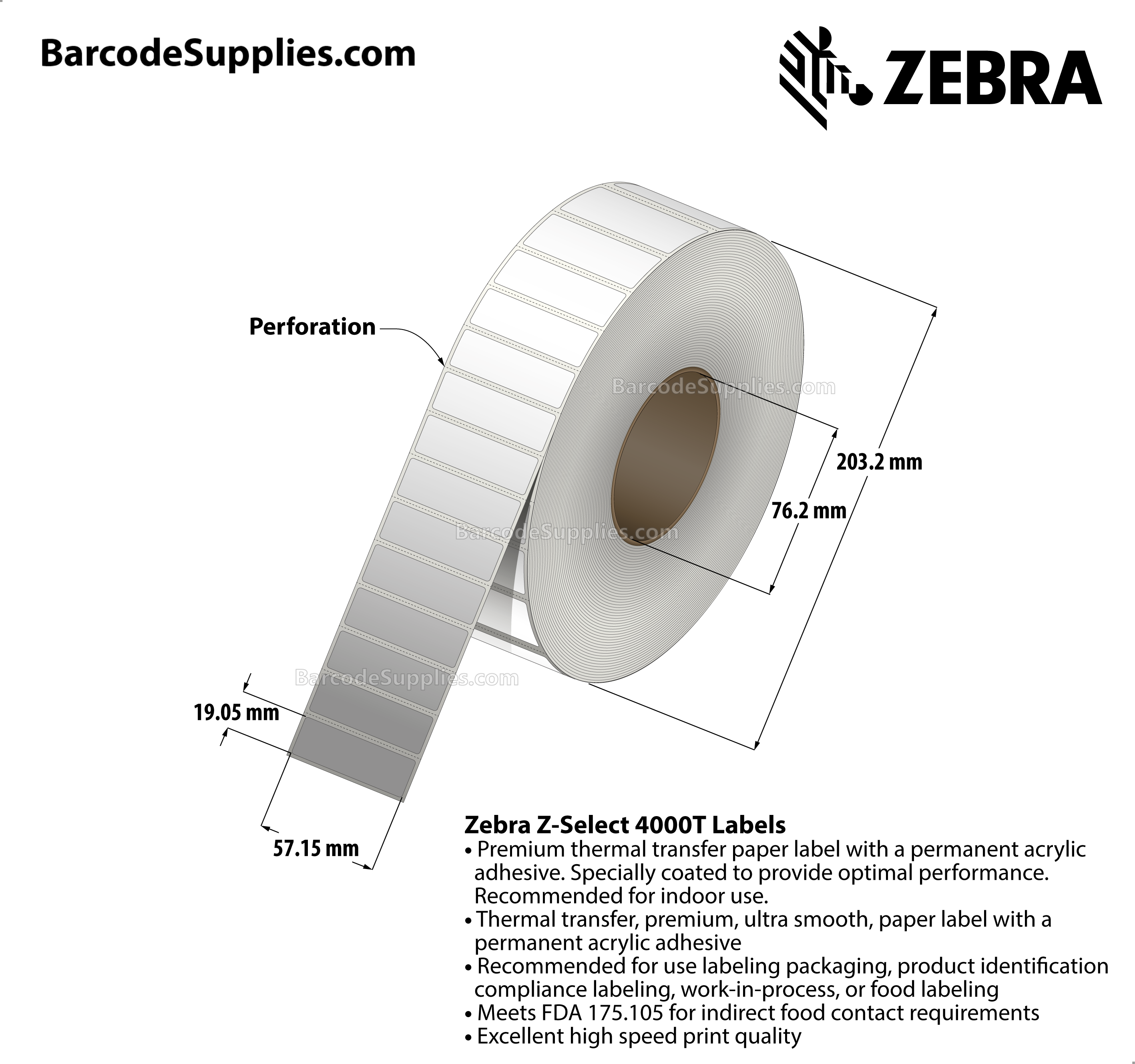 2.25 x 0.75 Thermal Transfer White Z-Select 4000T Labels With Permanent Adhesive - Perforated - 7995 Labels Per Roll - Carton Of 4 Rolls - 31980 Labels Total - MPN: 800622-075