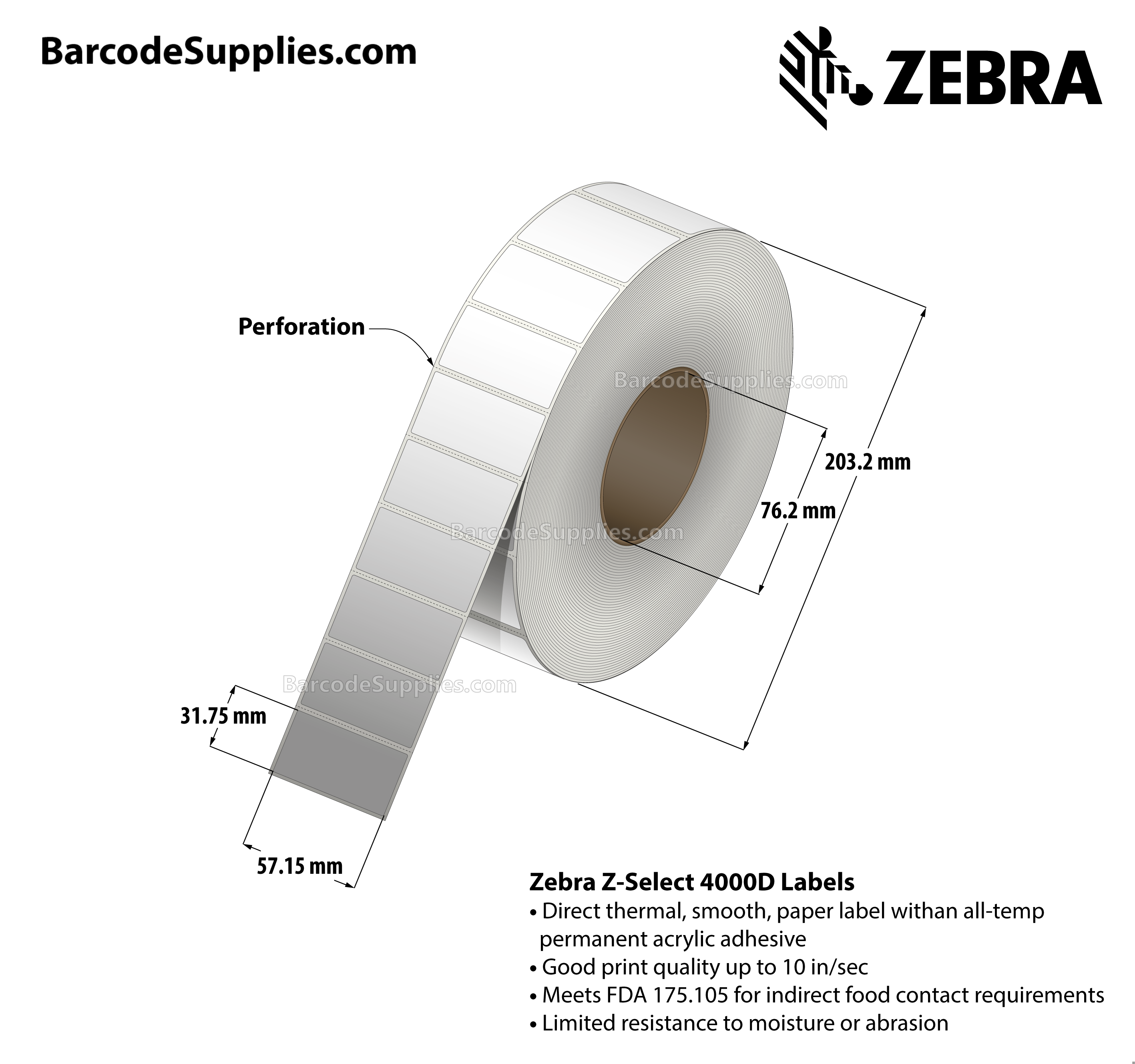 2.25 x 1.25 Direct Thermal White Z-Select 4000D Labels With All-Temp Adhesive - Perforated - 3770 Labels Per Roll - Carton Of 8 Rolls - 30160 Labels Total - MPN: 10002635