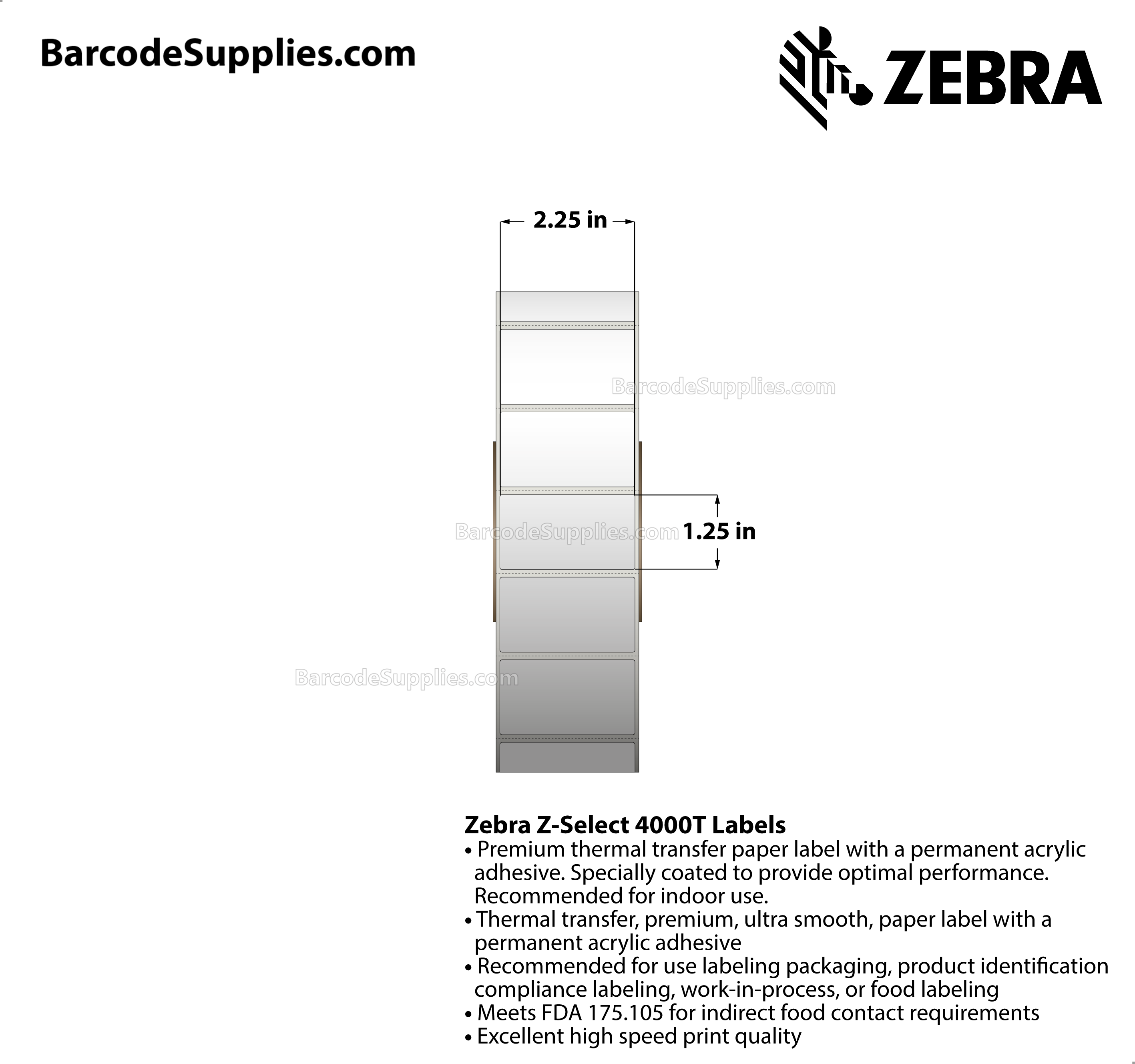 2.25 x 1.25 Thermal Transfer White Z-Select 4000T Labels With Permanent Adhesive - Perforated - 5087 Labels Per Roll - Carton Of 4 Rolls - 20348 Labels Total - MPN: 800622-125