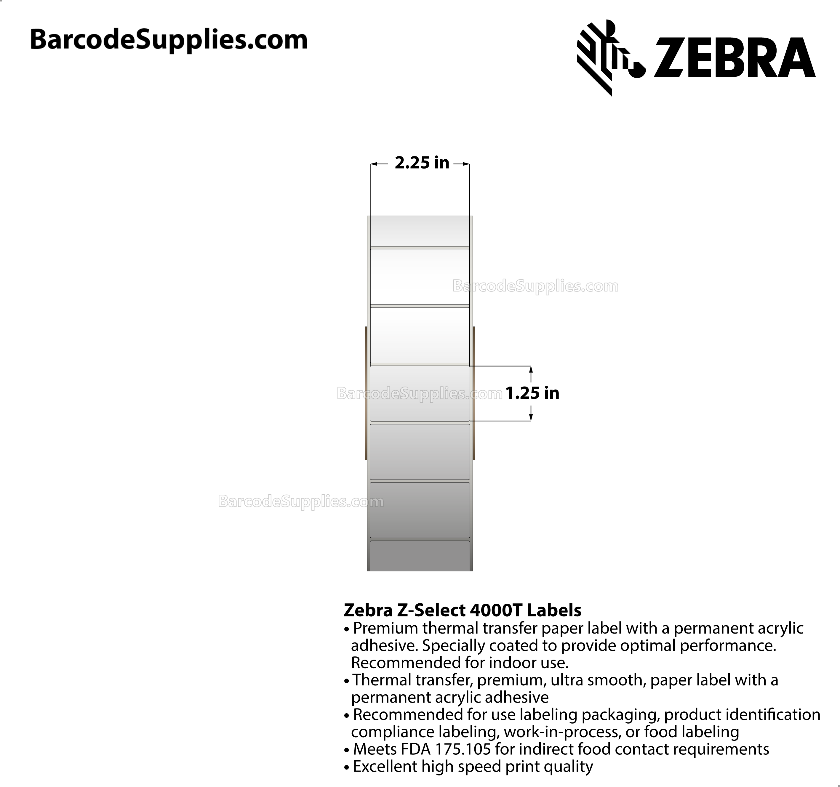 2.25 x 1.25 Thermal Transfer White Z-Select 4000T (No Perf) Labels With Permanent Adhesive - Not Perforated - 4240 Labels Per Roll - Carton Of 8 Rolls - 33920 Labels Total - MPN: 72283