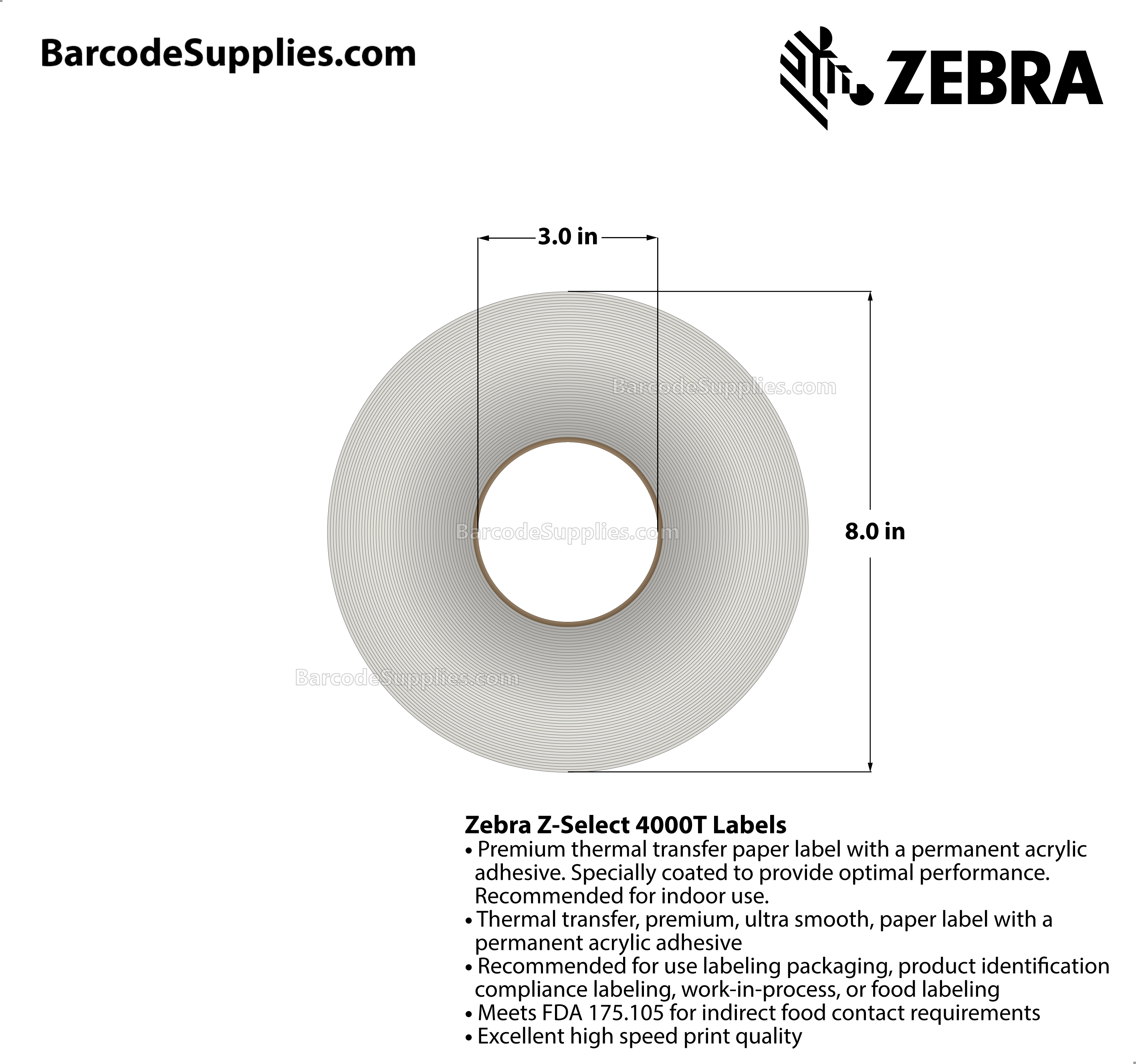 2.25 x 1.25 Thermal Transfer White Z-Select 4000T (No Perf) Labels With Permanent Adhesive - Not Perforated - 4240 Labels Per Roll - Carton Of 8 Rolls - 33920 Labels Total - MPN: 72283