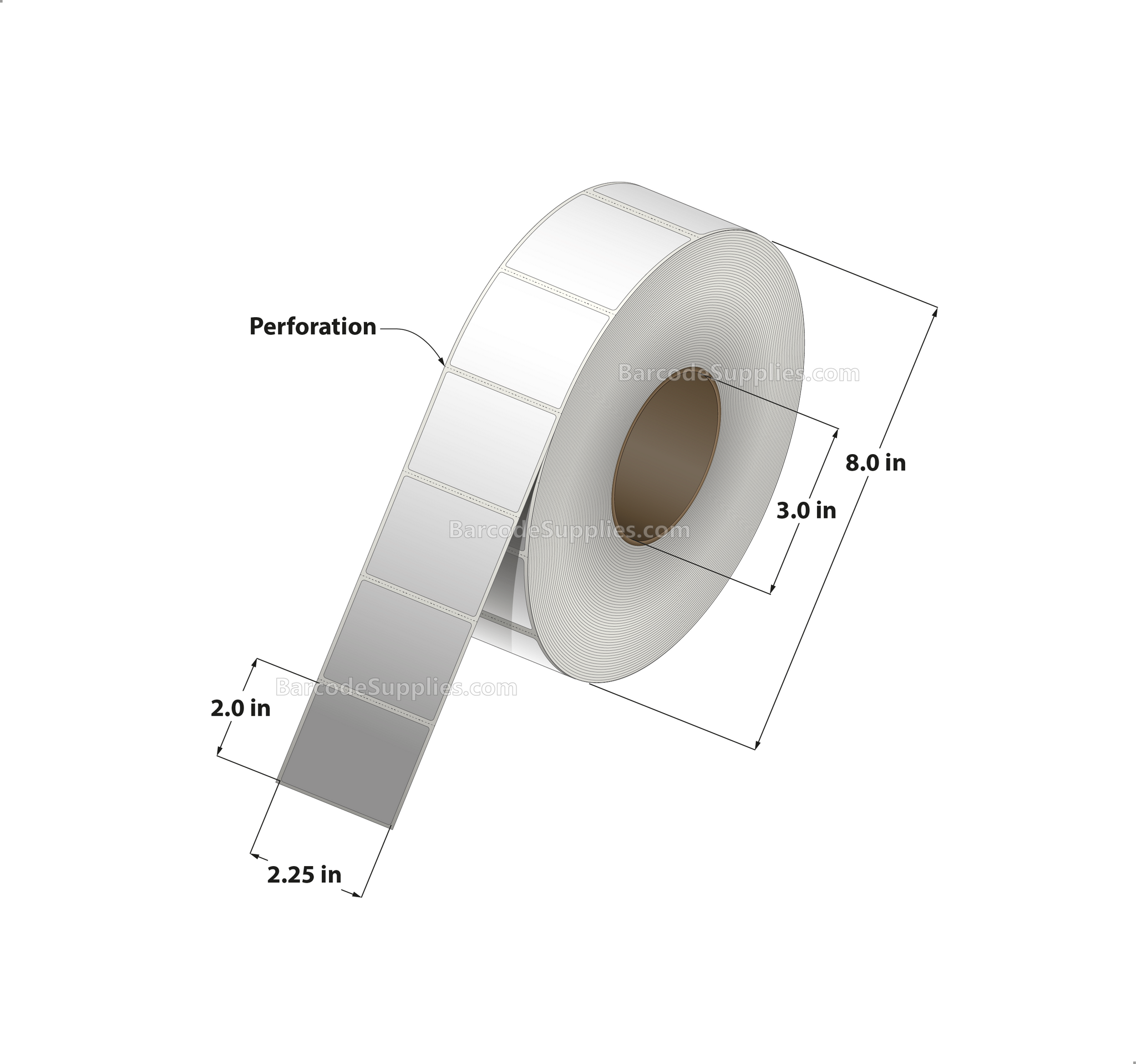 2.25 x 2 Thermal Transfer White Labels With Permanent Adhesive - Perforated - 2900 Labels Per Roll - Carton Of 8 Rolls - 23200 Labels Total - MPN: RT-225-2-2900-3