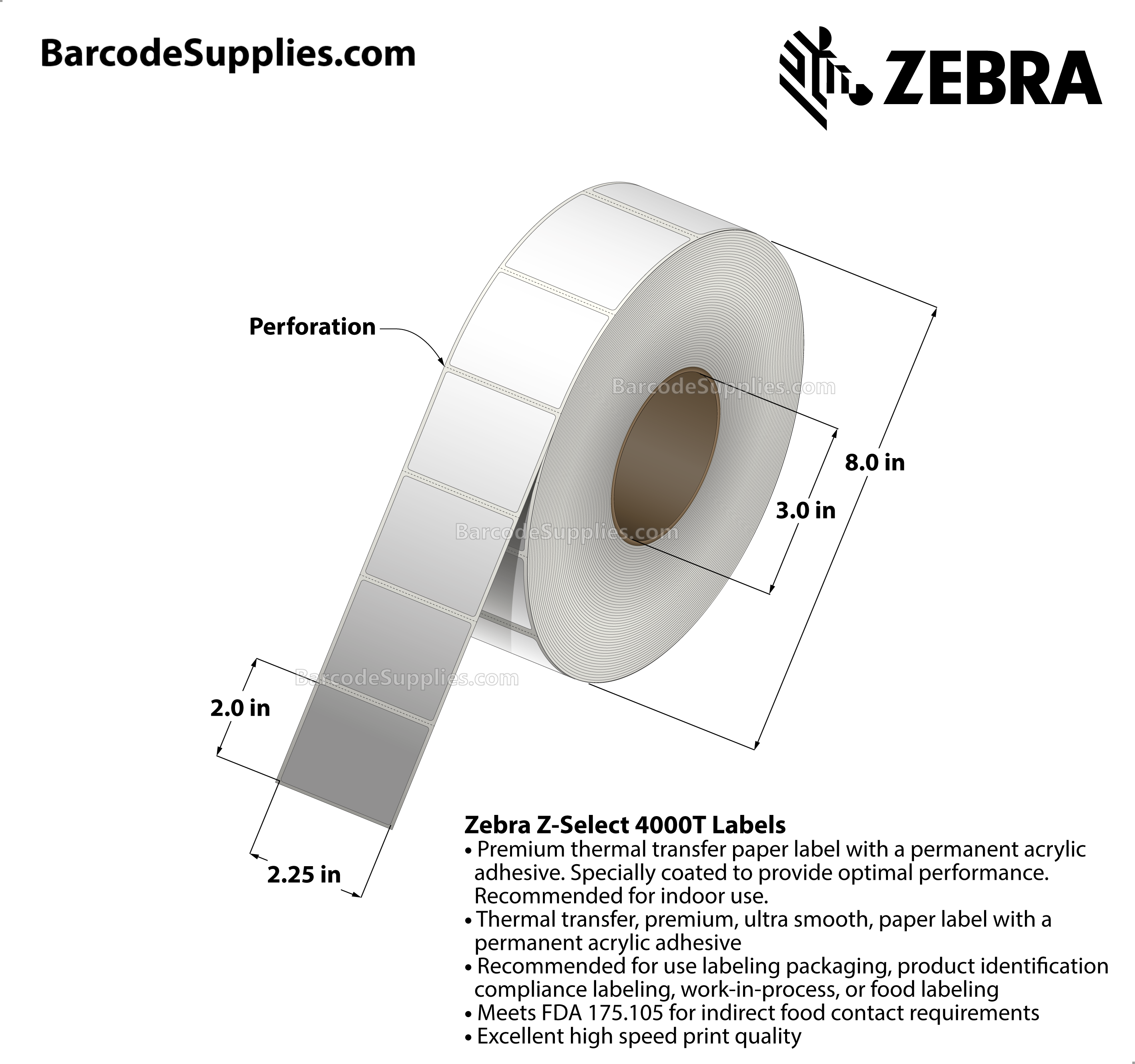 2.25 x 2 Thermal Transfer White Z-Select 4000T Labels With Permanent Adhesive - Perforated - 3292 Labels Per Roll - Carton Of 4 Rolls - 13168 Labels Total - MPN: 800622-205