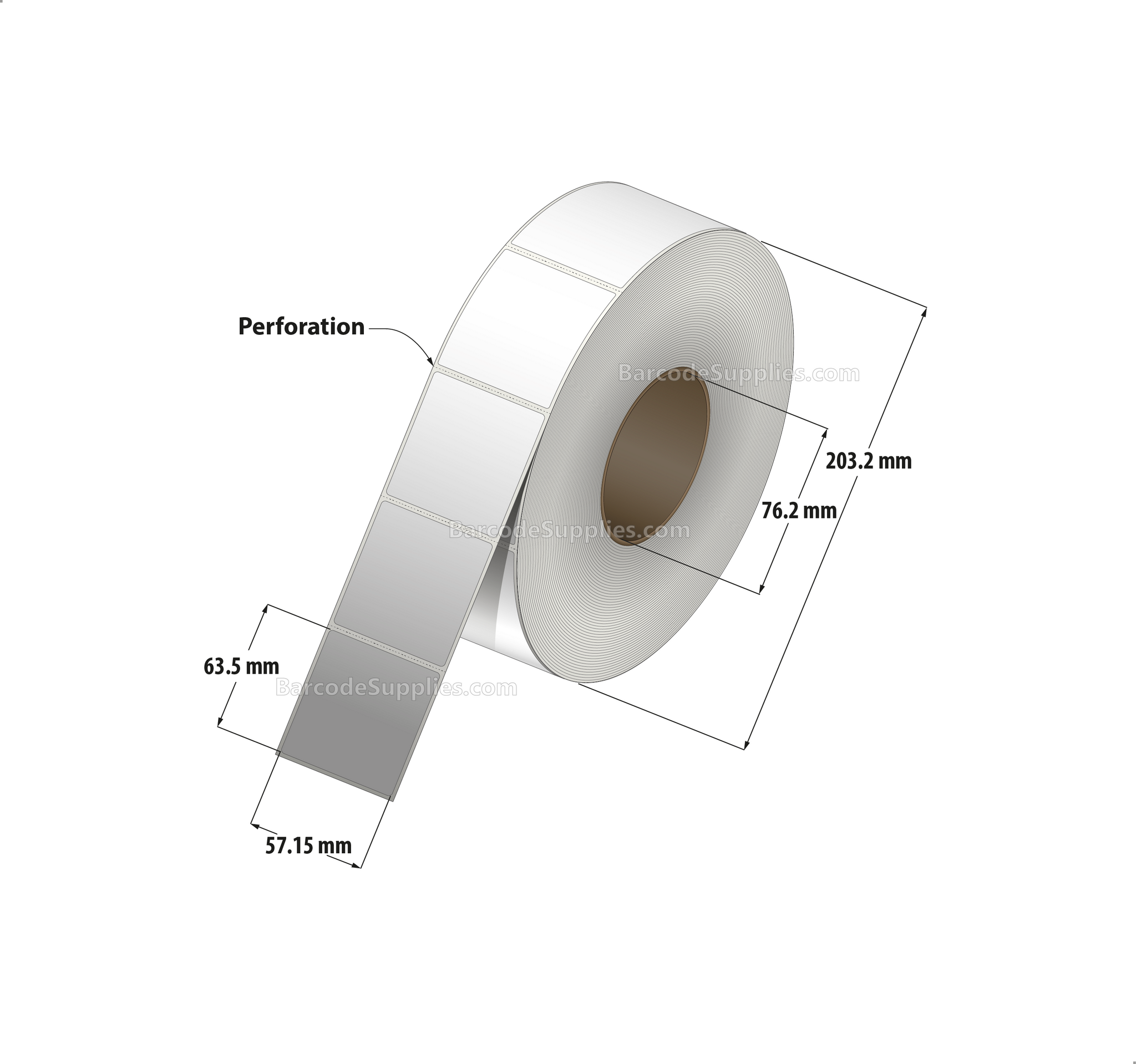 2.25 x 2.5 Direct Thermal White Labels With Acrylic Adhesive - Perforated - 2500 Labels Per Roll - Carton Of 8 Rolls - 20000 Labels Total - MPN: RD-225-25-2500-3 - BarcodeSource, Inc.