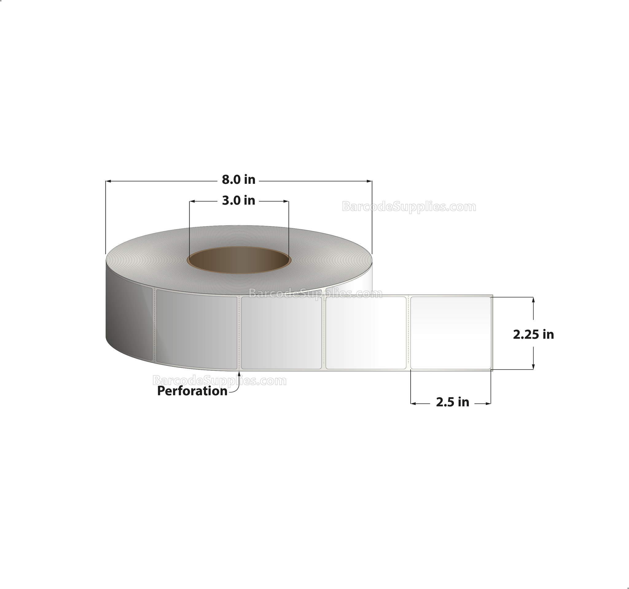 2.25 x 2.5 Direct Thermal White Labels With Acrylic Adhesive - Perforated - 2500 Labels Per Roll - Carton Of 8 Rolls - 20000 Labels Total - MPN: RD-225-25-2500-3 - BarcodeSource, Inc.