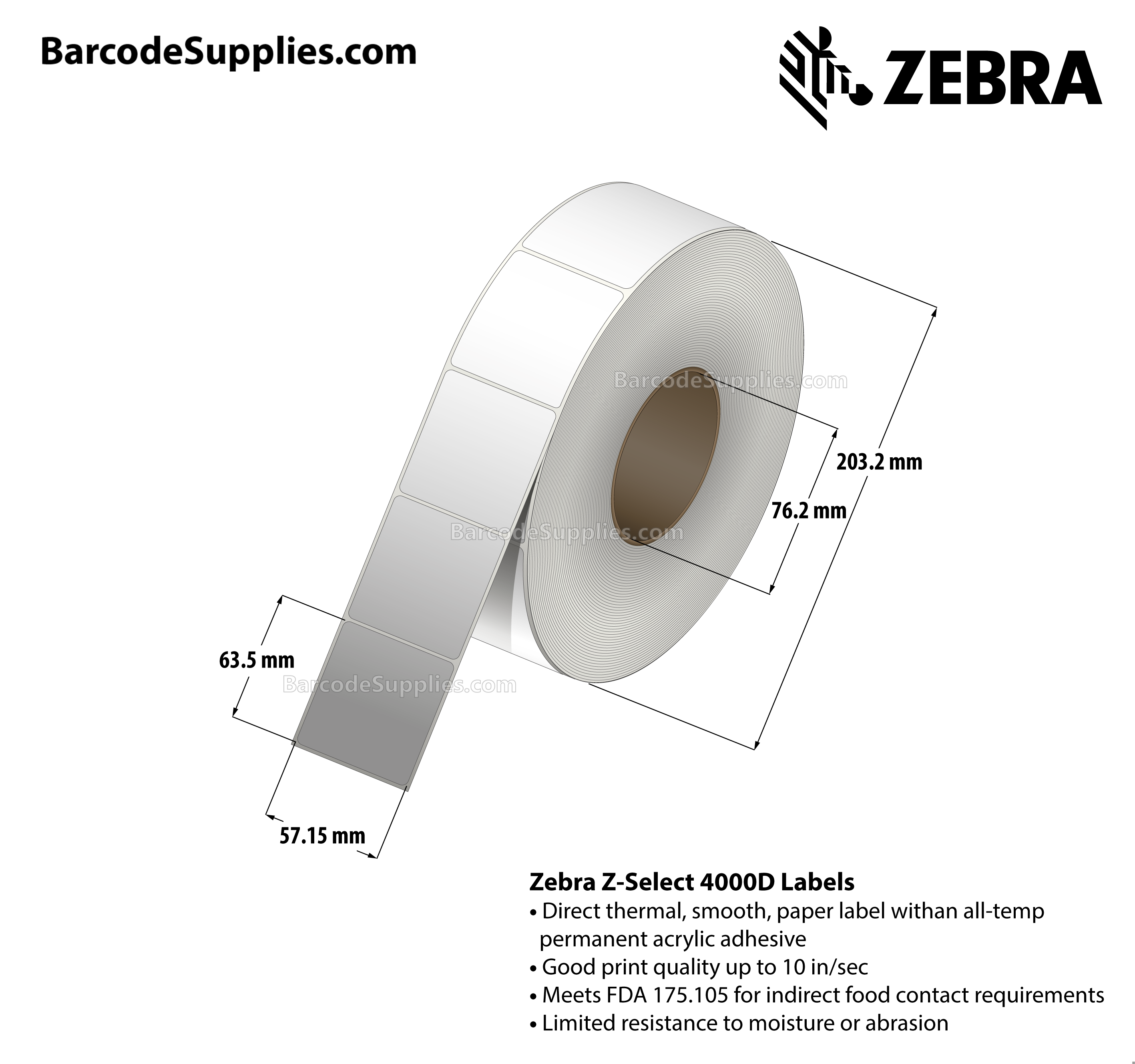 2.25 x 2.5 Direct Thermal White Z-Select 4000D Labels With All-Temp Adhesive - Not Perforated - 1980 Labels Per Roll - Carton Of 8 Rolls - 15840 Labels Total - MPN: 72277