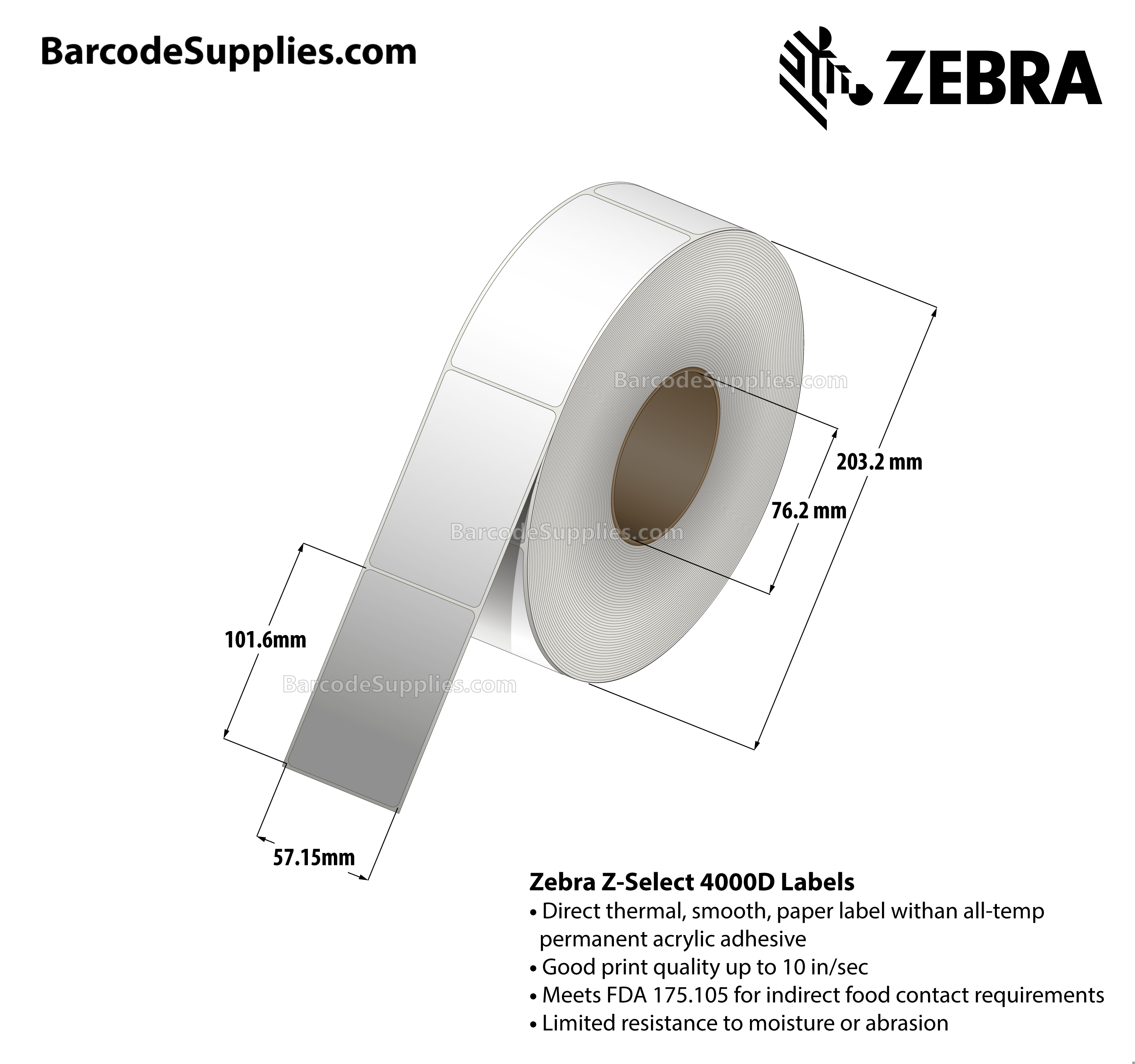 2.25 x 4 Direct Thermal White Z-Select 4000D Labels With All-Temp Adhesive - Not Perforated - 1260 Labels Per Roll - Carton Of 8 Rolls - 10080 Labels Total - MPN: 72278