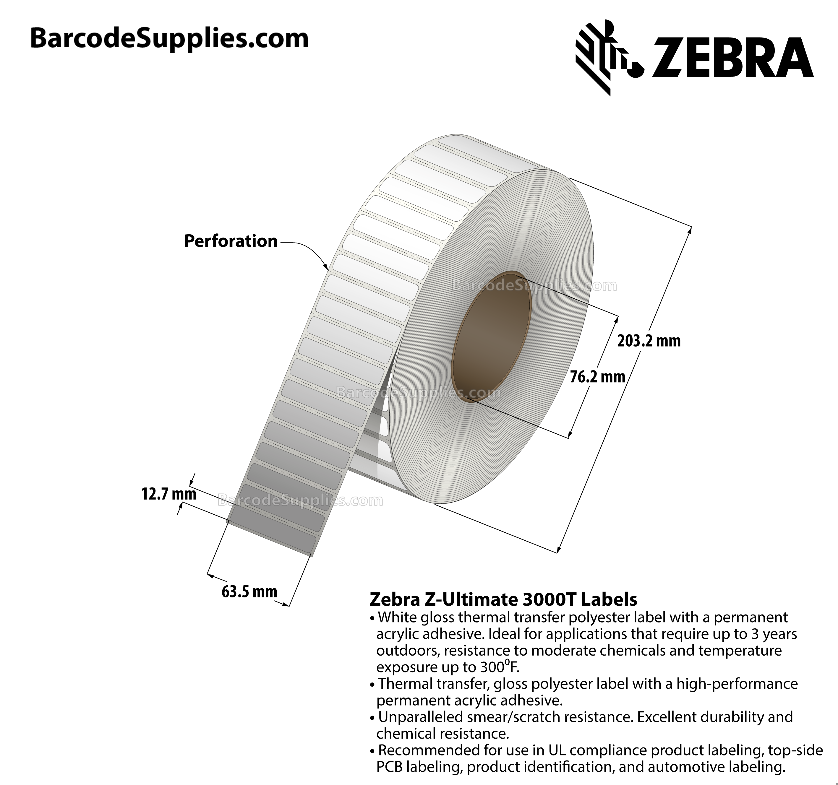 Products 2.5 x 0.5 Thermal Transfer White Z-Ultimate 3000T Labels With Permanent Adhesive - Perforated - 10020 Labels Per Roll - Carton Of 4 Rolls - 40080 Labels Total - MPN: 10011700