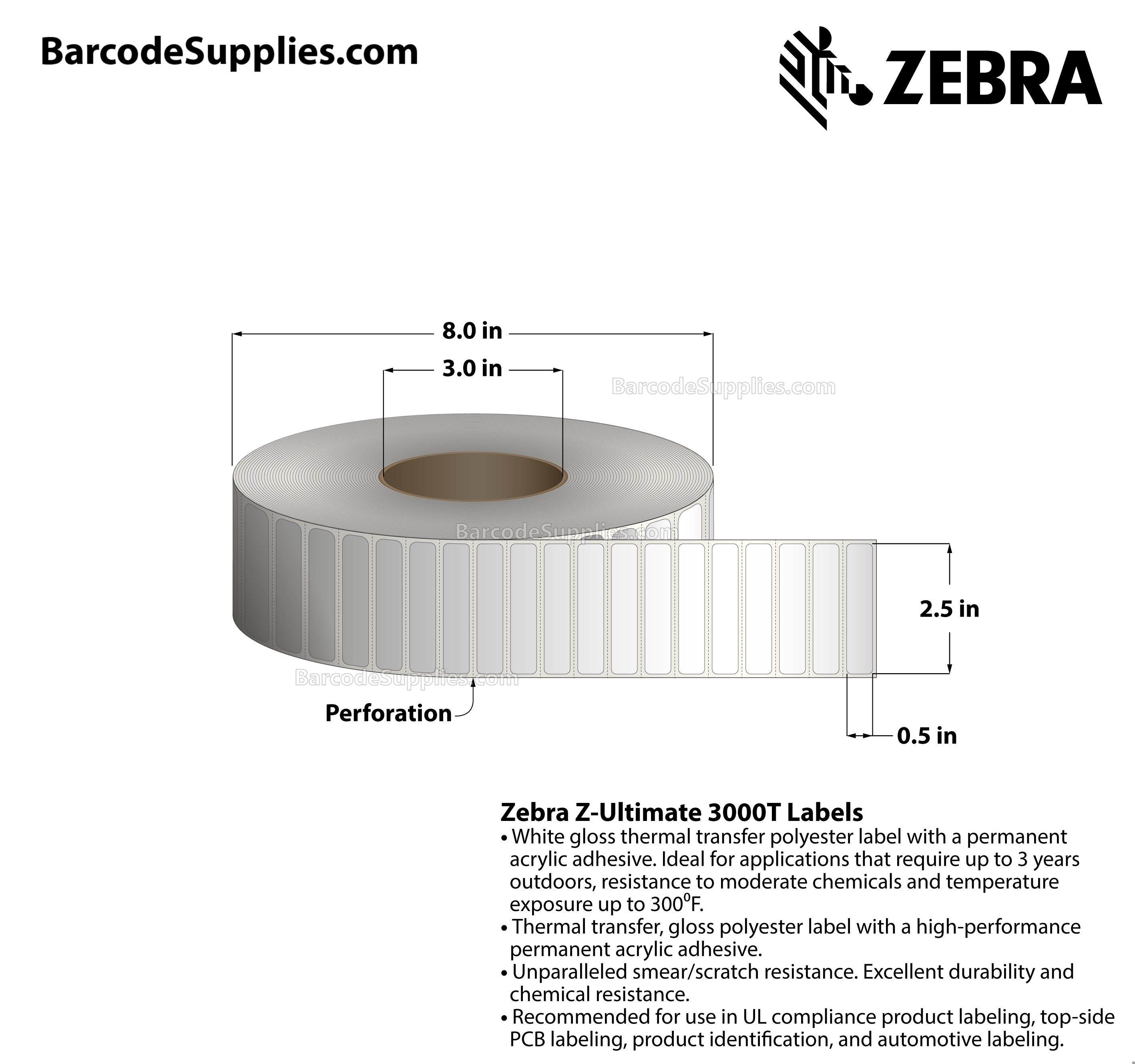 Products 2.5 x 0.5 Thermal Transfer White Z-Ultimate 3000T Labels With Permanent Adhesive - Perforated - 10020 Labels Per Roll - Carton Of 4 Rolls - 40080 Labels Total - MPN: 10011700