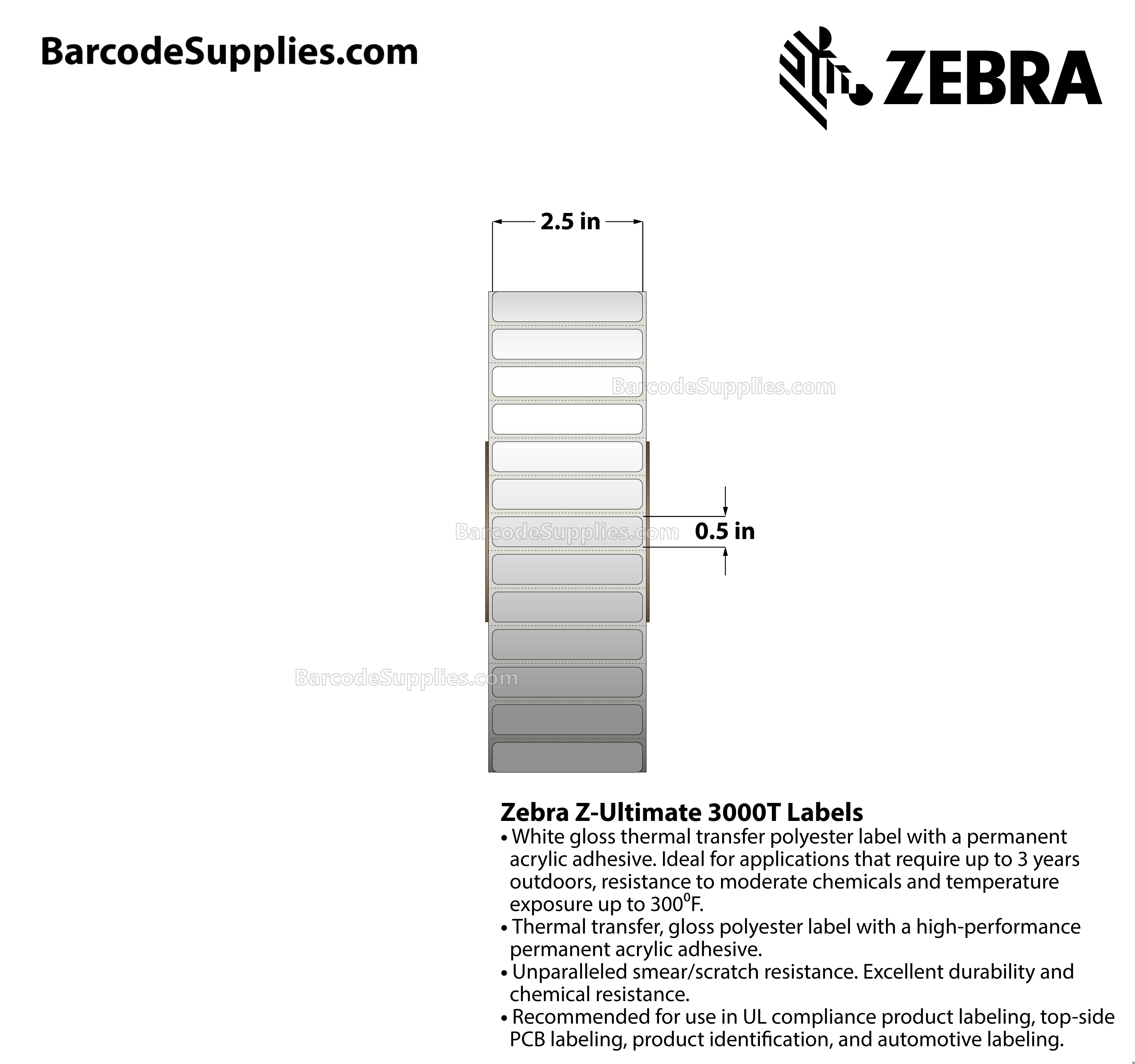 Products 2.5 x 0.5 Thermal Transfer White Z-Ultimate 3000T Labels With Permanent Adhesive - Perforated - 10020 Labels Per Roll - Carton Of 4 Rolls - 40080 Labels Total - MPN: 10011700