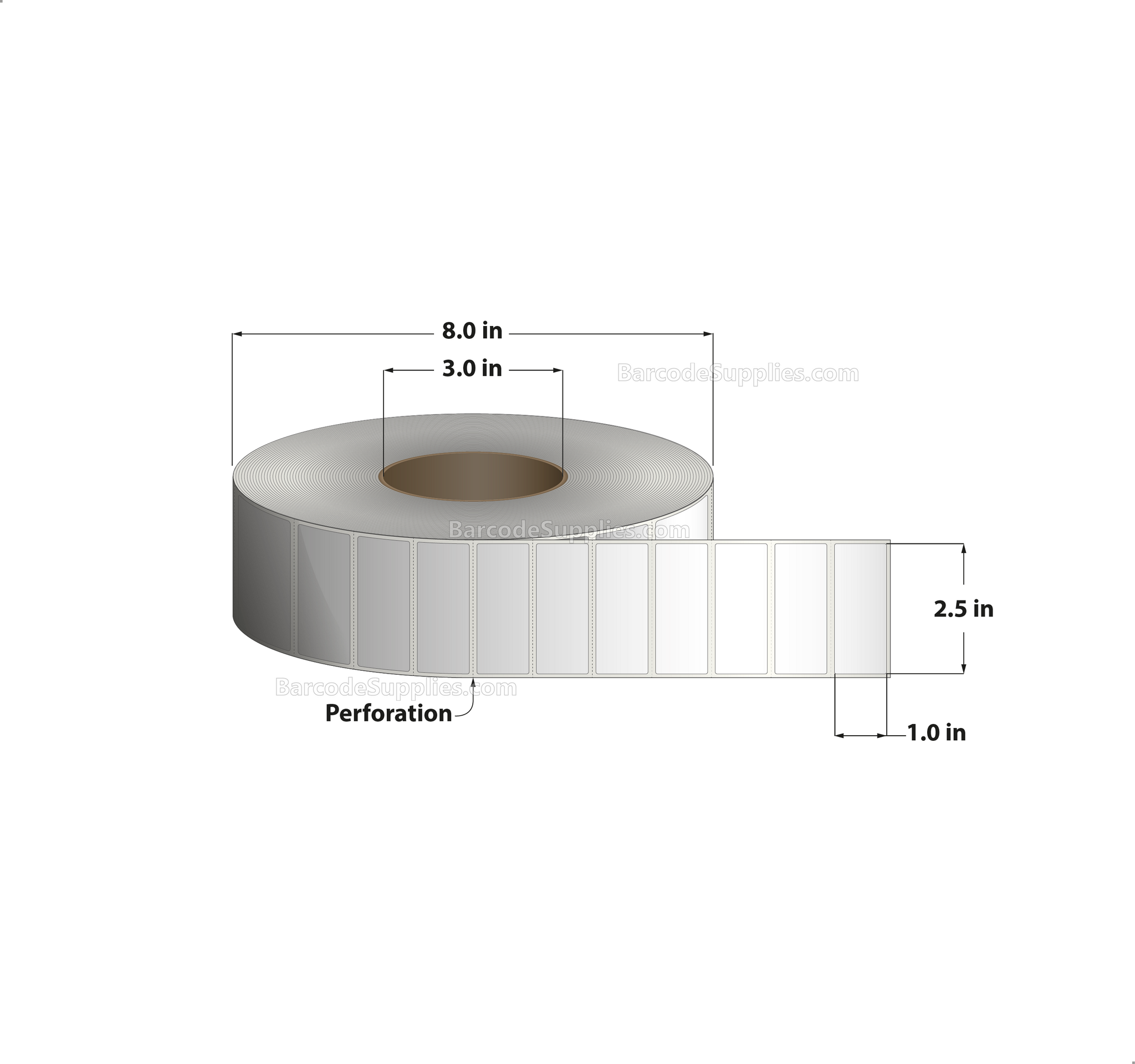 2.5 x 1 Direct Thermal White Labels With Acrylic Adhesive - Perforated - 5500 Labels Per Roll - Carton Of 8 Rolls - 44000 Labels Total - MPN: RD-25-1-5500-3 - BarcodeSource, Inc.