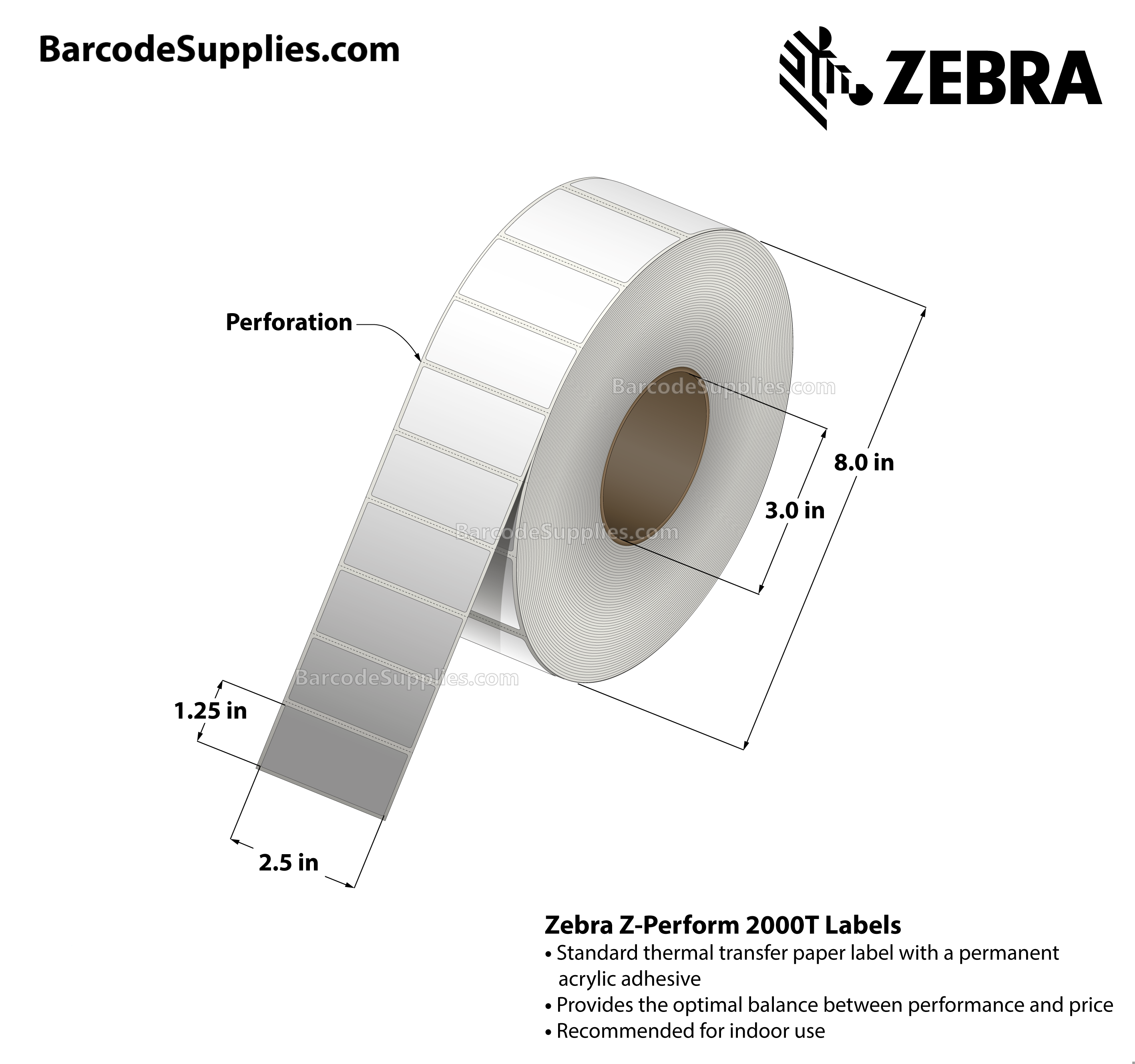 2.5 x 1.25 Thermal Transfer White Z-Perform 2000T Labels With Permanent Adhesive - Perforated - 2000 Labels Per Roll - Carton Of 4 Rolls - 8000 Labels Total - MPN: 10022943