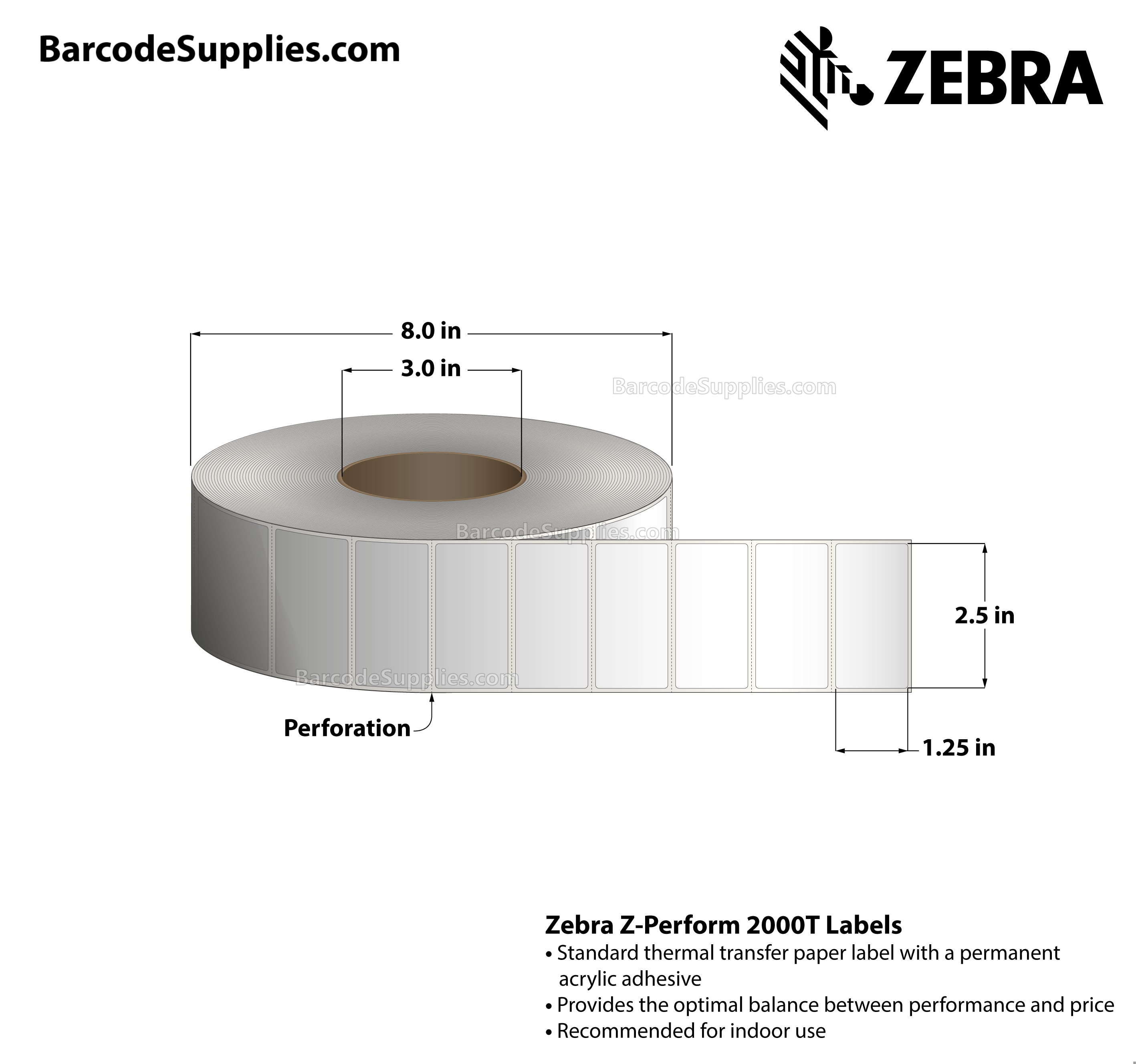 2.5 x 1.25 Thermal Transfer White Z-Perform 2000T Labels With Permanent Adhesive - Perforated - 2000 Labels Per Roll - Carton Of 4 Rolls - 8000 Labels Total - MPN: 10022943