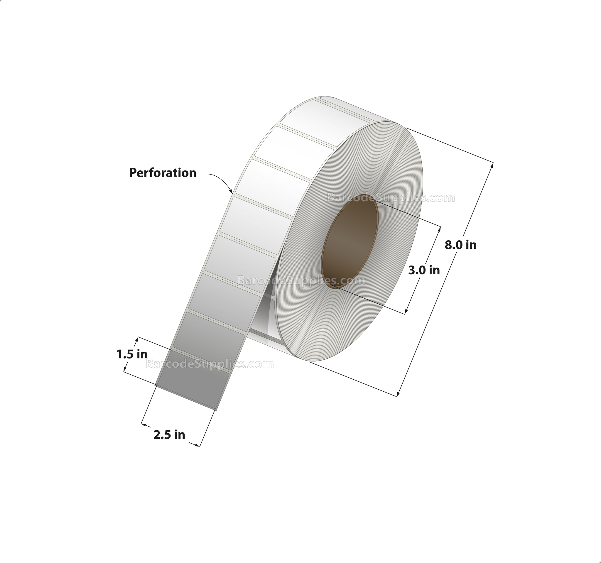 2.5 x 1.5 Direct Thermal White Labels With Acrylic Adhesive - Perforated - 3600 Labels Per Roll - Carton Of 8 Rolls - 28800 Labels Total - MPN: RD-25-15-3600-3 - BarcodeSource, Inc.