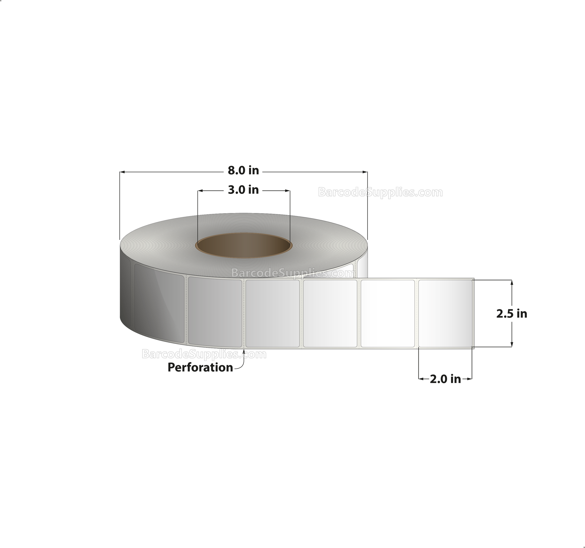 2.5 x 2 Thermal Transfer White Labels With Permanent Adhesive - Perforated - 2900 Labels Per Roll - Carton Of 8 Rolls - 23200 Labels Total - MPN: RT-25-2-2900-3
