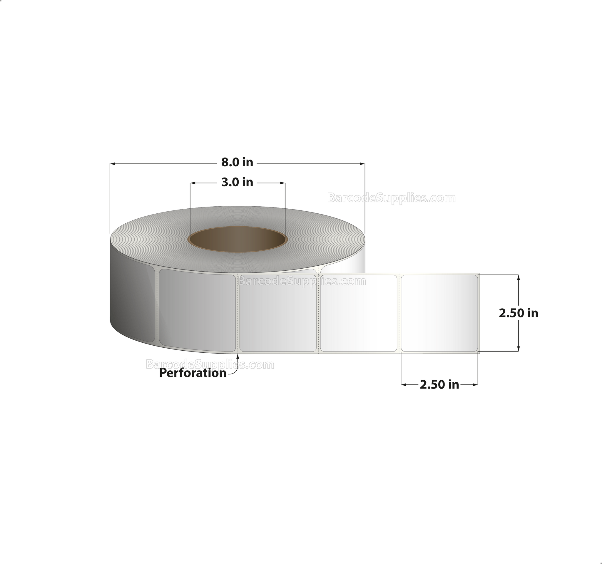 2.5 x 2.5 Thermal Transfer White Labels With Permanent Adhesive - Perforated - 2500 Labels Per Roll - Carton Of 8 Rolls - 20000 Labels Total - MPN: RT-25-25-2500-3