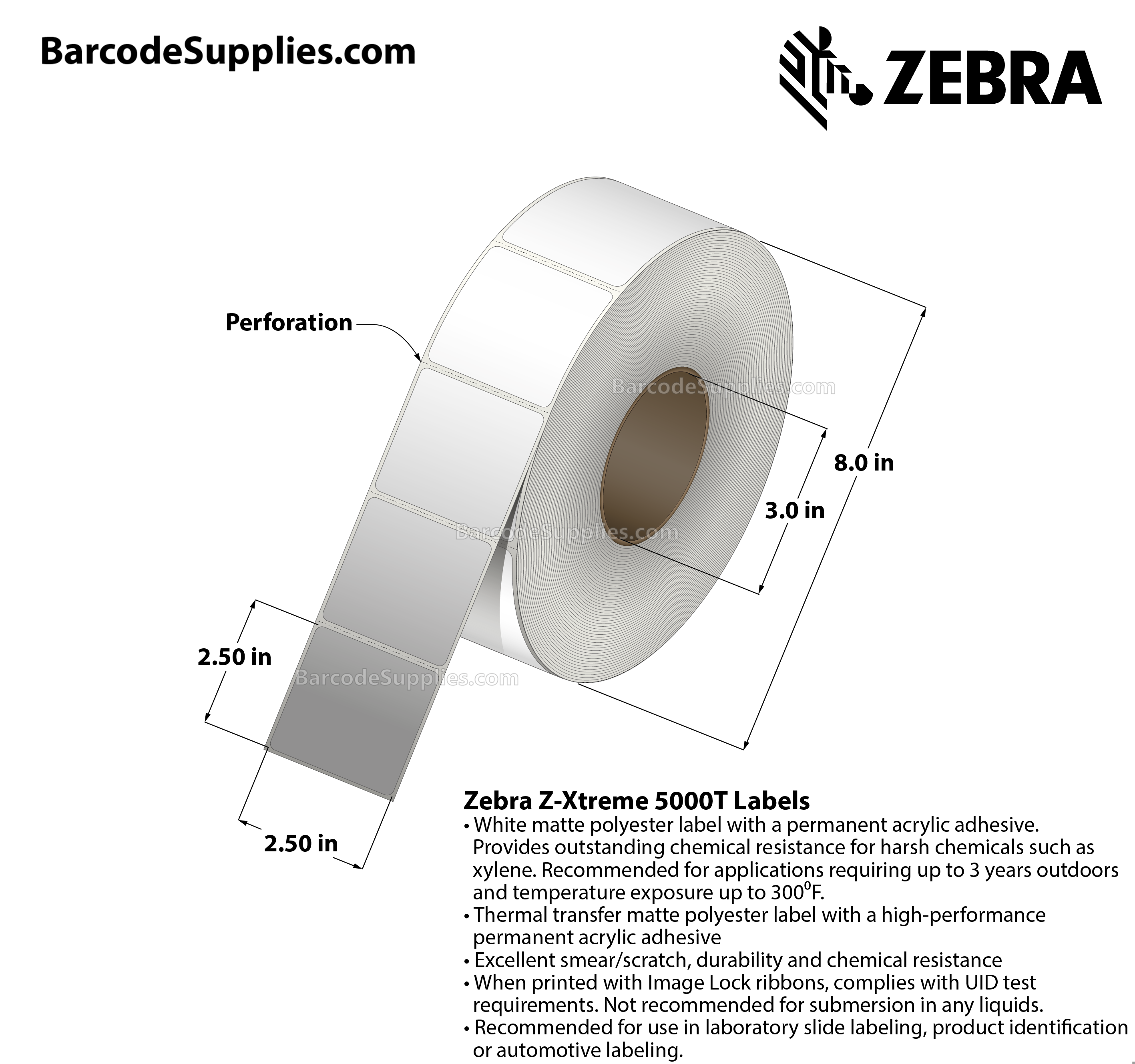 2.5 x 2.5 Thermal Transfer White Z-Xtreme 5000T Labels With Permanent Adhesive - Perforated - 2100 Labels Per Roll - Carton Of 1 Rolls - 2100 Labels Total - MPN: 10023253