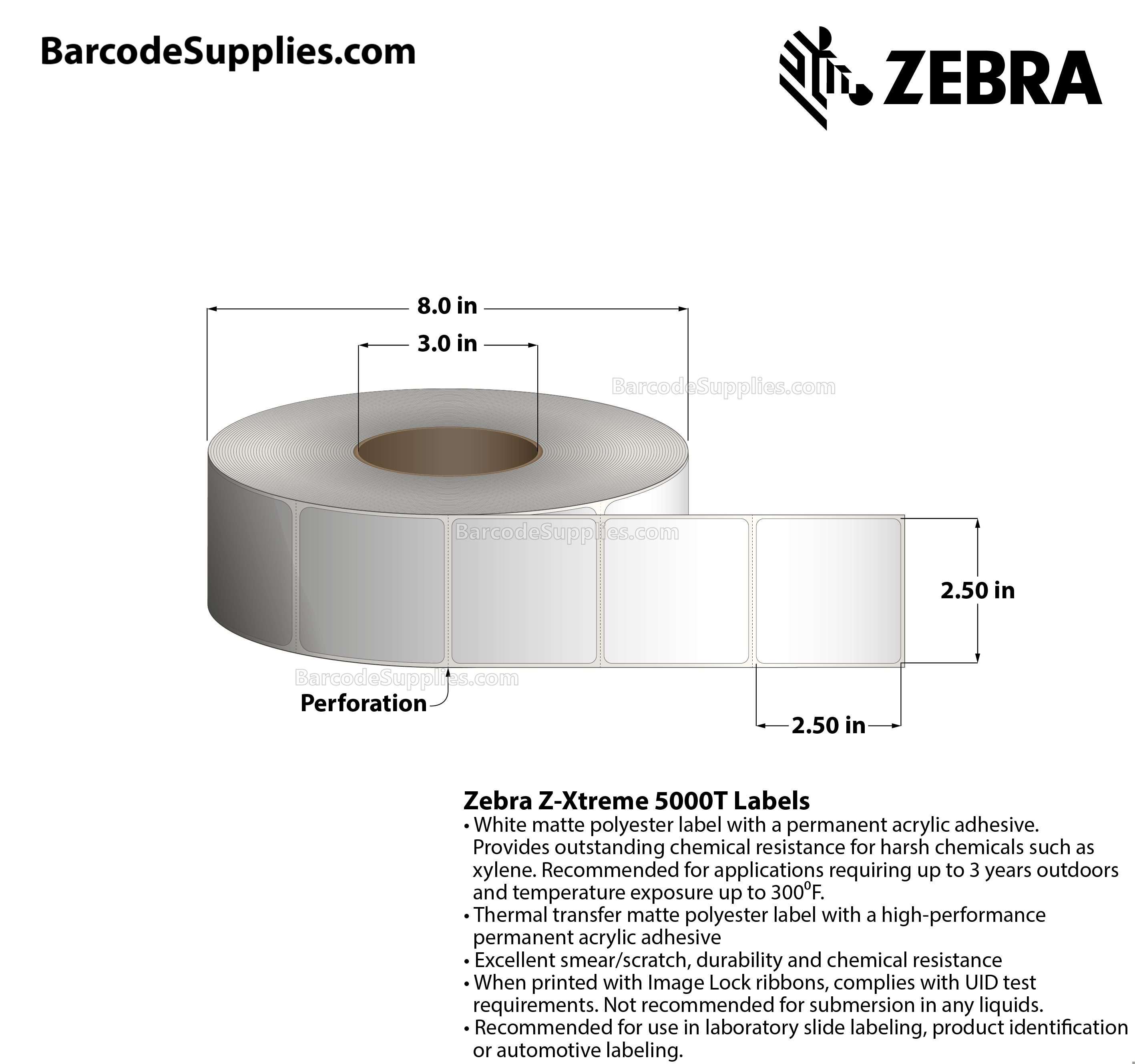 2.5 x 2.5 Thermal Transfer White Z-Xtreme 5000T Labels With Permanent Adhesive - Perforated - 2100 Labels Per Roll - Carton Of 1 Rolls - 2100 Labels Total - MPN: 10023253