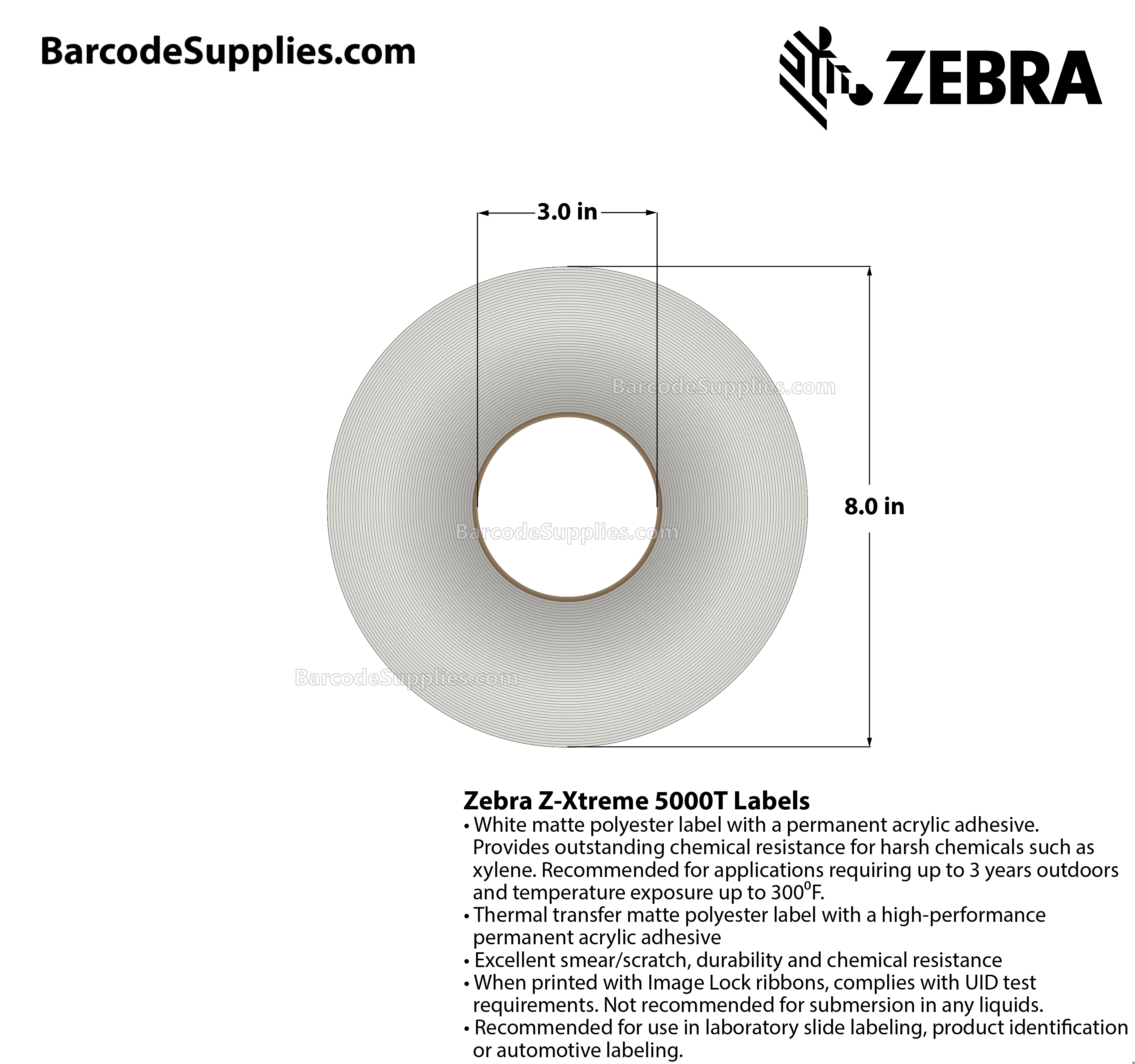 2.5 x 2.5 Thermal Transfer White Z-Xtreme 5000T Labels With Permanent Adhesive - Perforated - 2100 Labels Per Roll - Carton Of 1 Rolls - 2100 Labels Total - MPN: 10023253