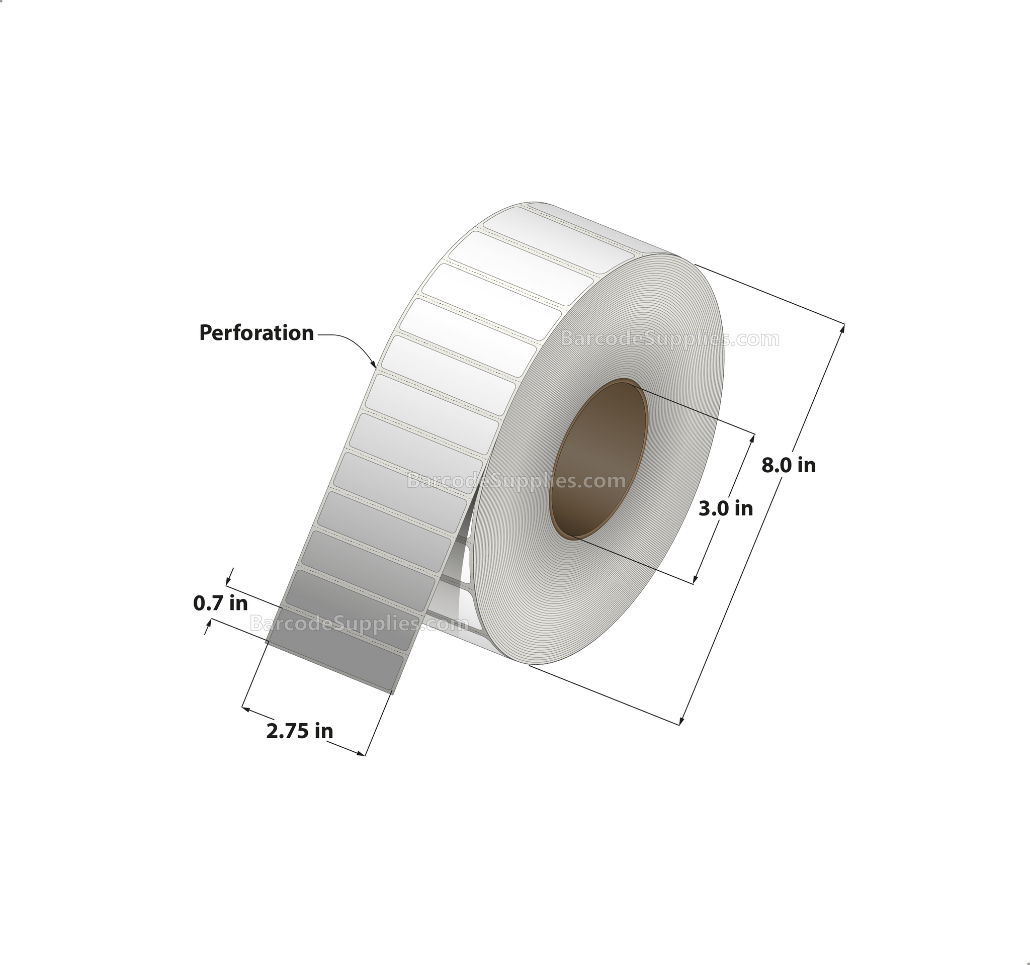 2.75 x 0.7 Thermal Transfer White Labels With Permanent Adhesive - Perforated - 5340 Labels Per Roll - Carton Of 8 Rolls - 42720 Labels Total - MPN: RT-275-07-5340-3