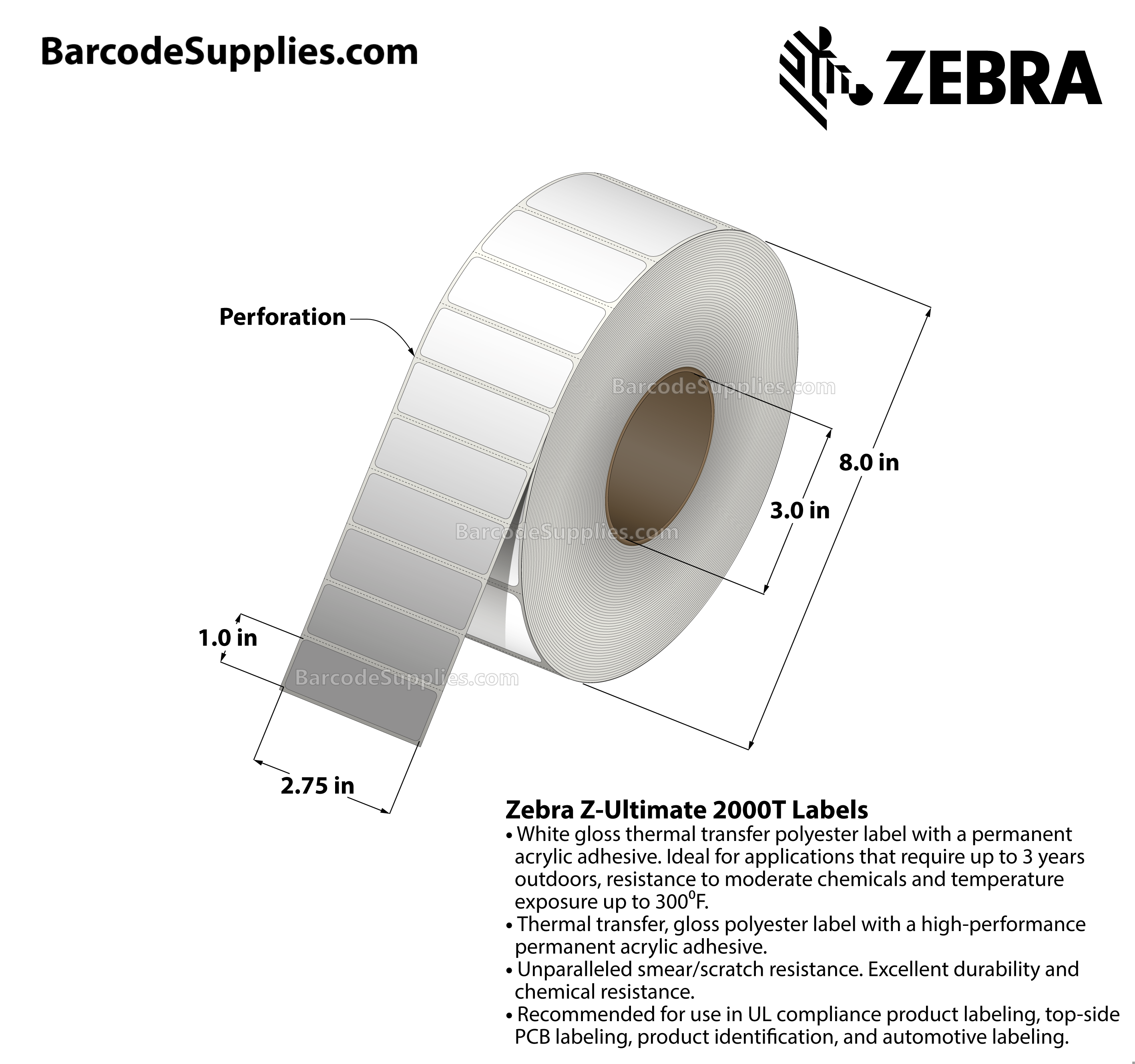 2.75 x 1 Thermal Transfer White Z-Ultimate 2000T Labels With Permanent Adhesive - Perforated - 5000 Labels Per Roll - Carton Of 1 Rolls - 5000 Labels Total - MPN: 10022961