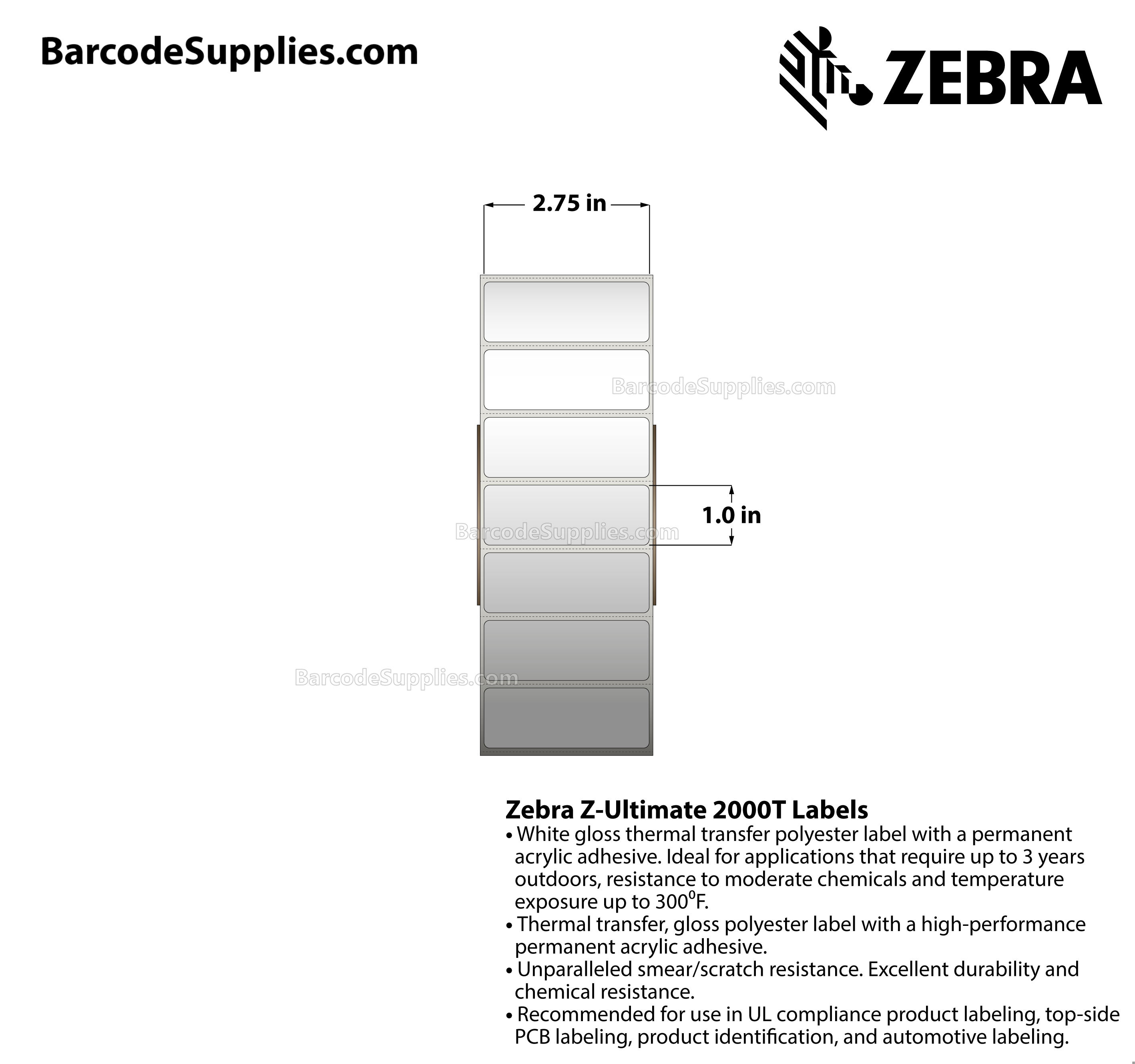 2.75 x 1 Thermal Transfer White Z-Ultimate 2000T Labels With Permanent Adhesive - Perforated - 5000 Labels Per Roll - Carton Of 1 Rolls - 5000 Labels Total - MPN: 10022961