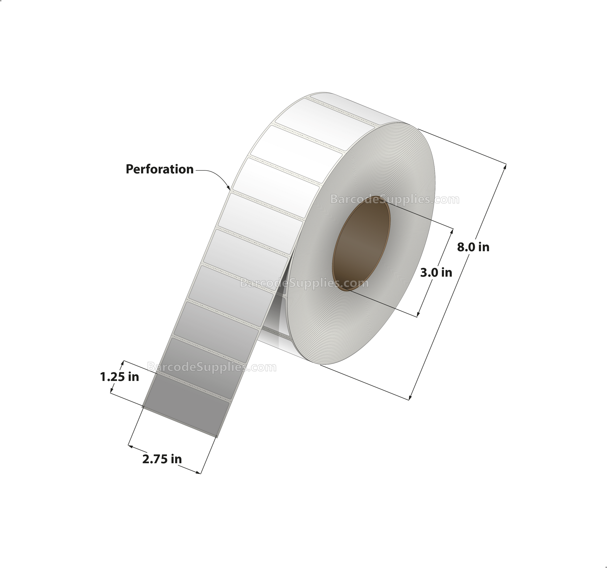 2.75 x 1.25 Thermal Transfer White Labels With Permanent Adhesive - Perforated - 4450 Labels Per Roll - Carton Of 8 Rolls - 35600 Labels Total - MPN: RT-275-125-4450-3