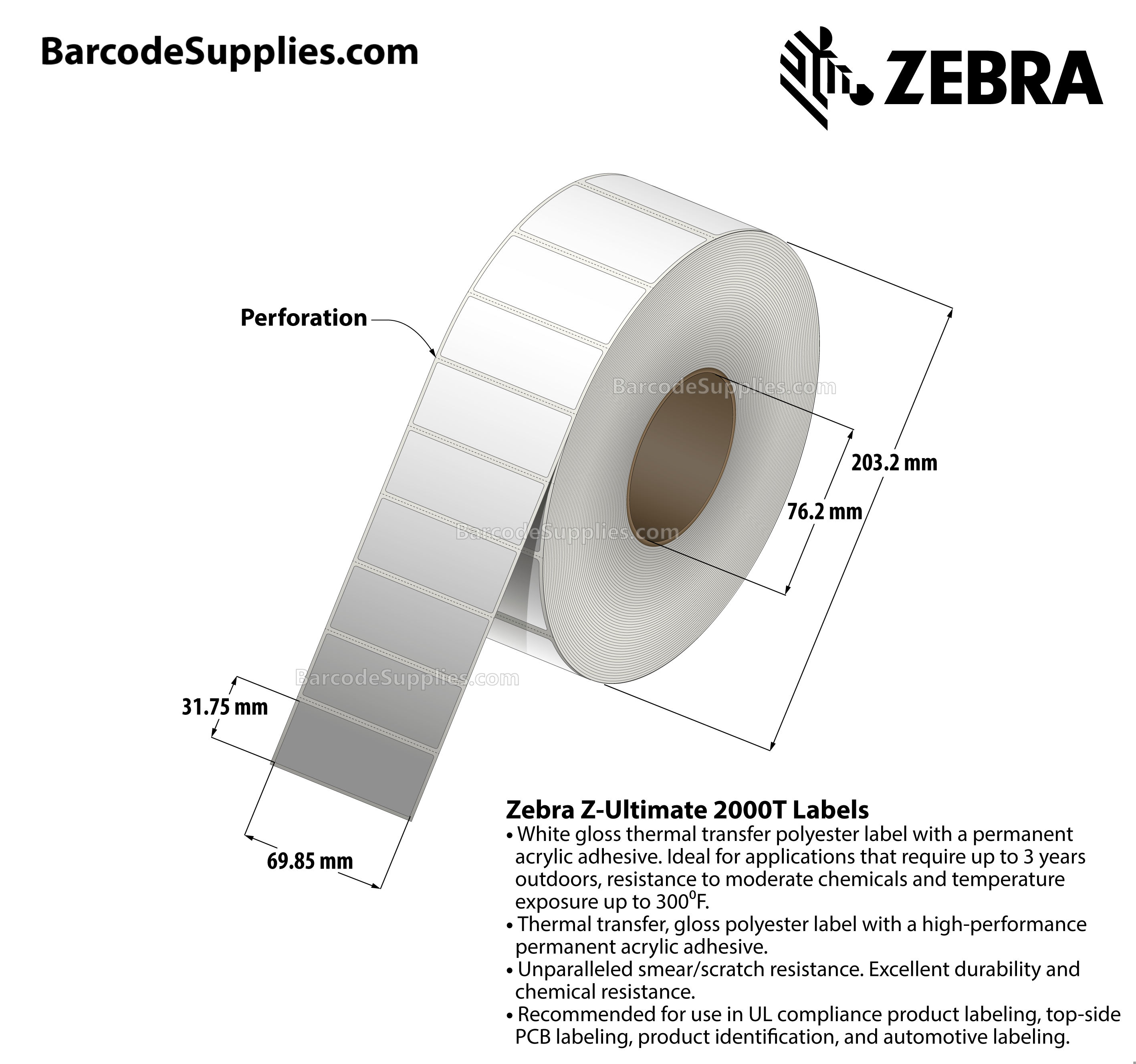 2.75 x 1.25 Thermal Transfer White Z-Ultimate 2000T Labels With Permanent Adhesive - Perforated - 4270 Labels Per Roll - Carton Of 4 Rolls - 17080 Labels Total - MPN: 10008513