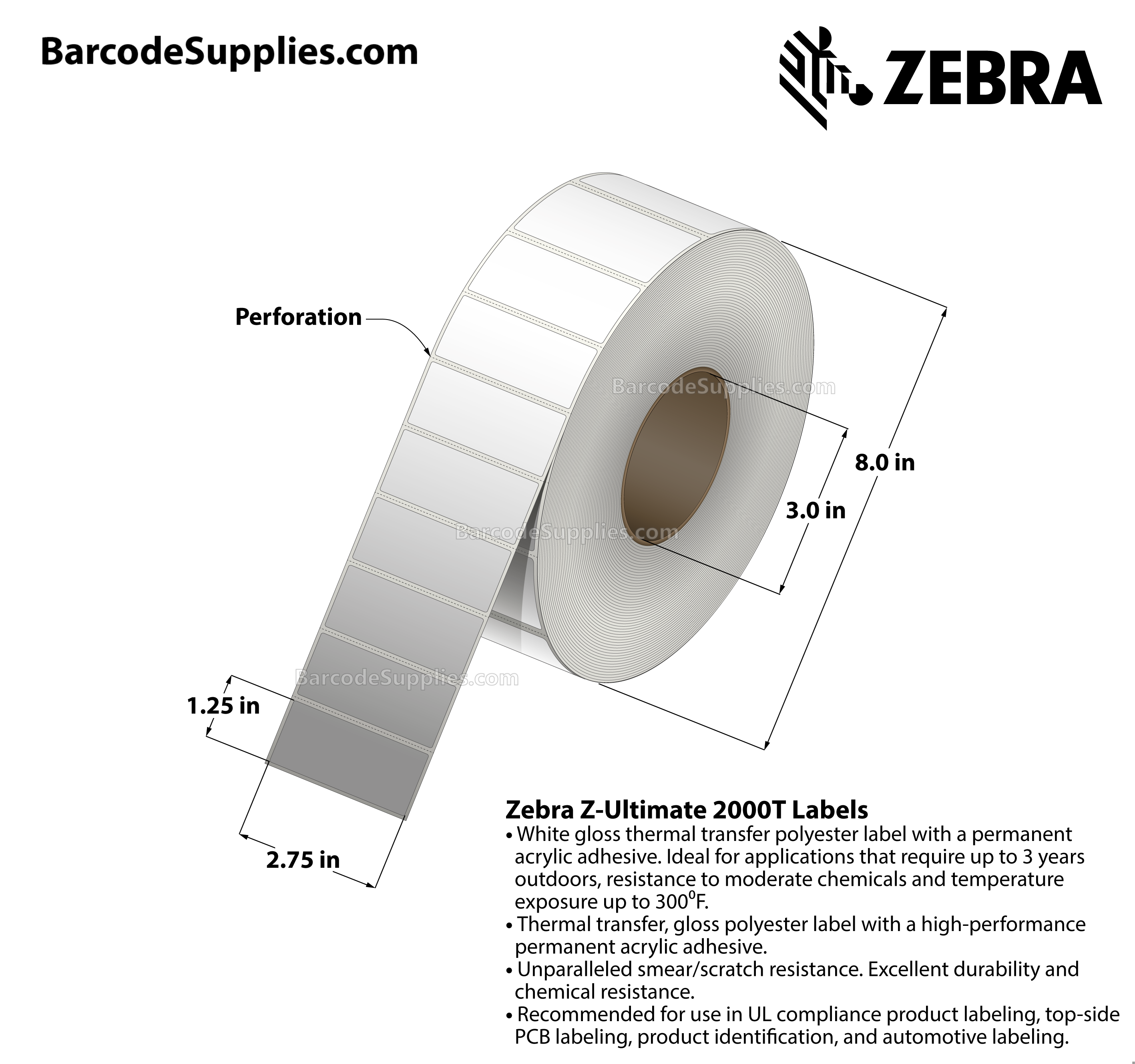 2.75 x 1.25 Thermal Transfer White Z-Ultimate 2000T Labels With Permanent Adhesive - Perforated - 4270 Labels Per Roll - Carton Of 4 Rolls - 17080 Labels Total - MPN: 10008513