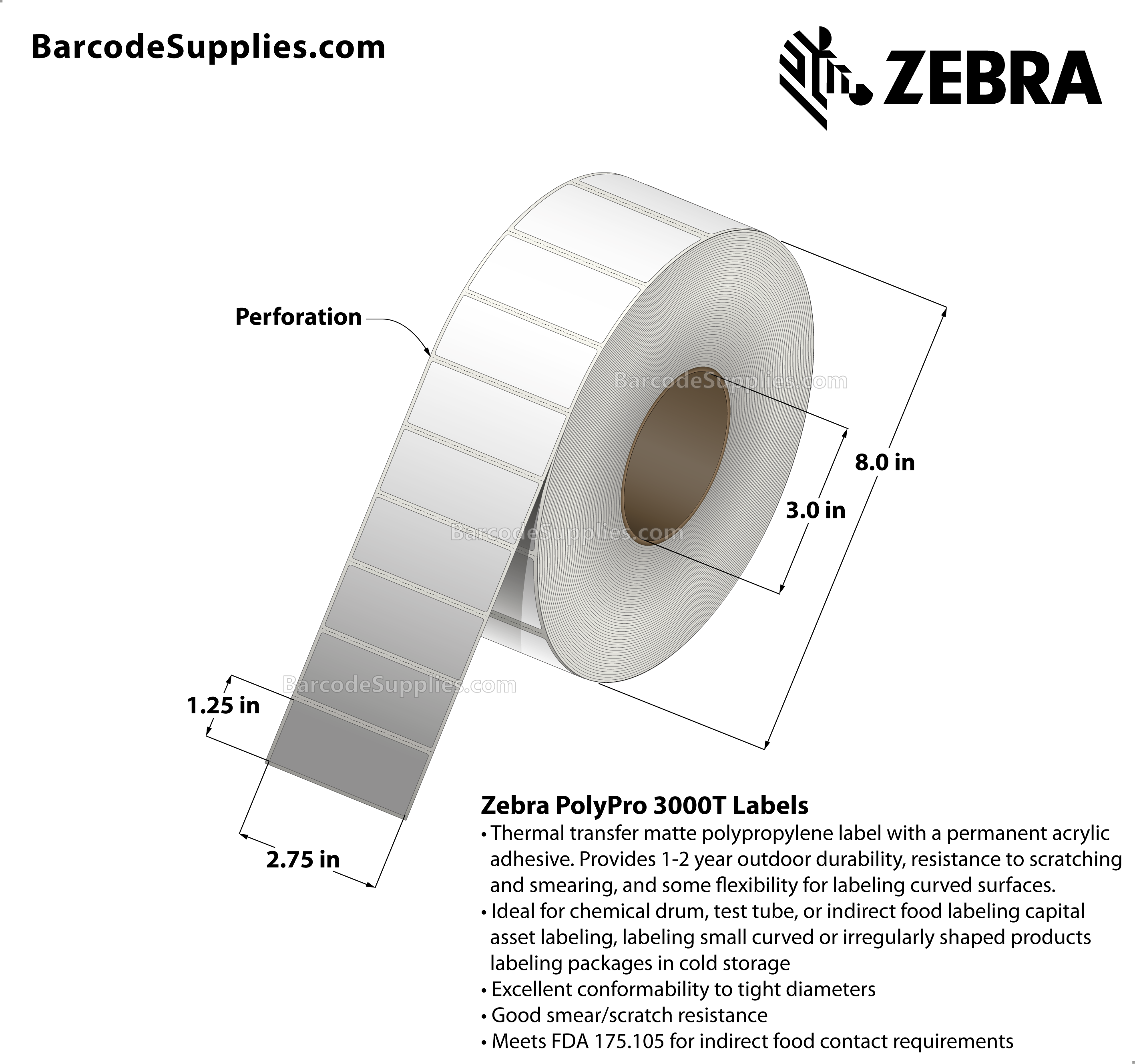 2.75 x 1.25 Thermal Transfer White PolyPro 3000T Labels With Permanent Adhesive - Perforated - 3923 Labels Per Roll - Carton Of 4 Rolls - 15692 Labels Total - MPN: 10011989