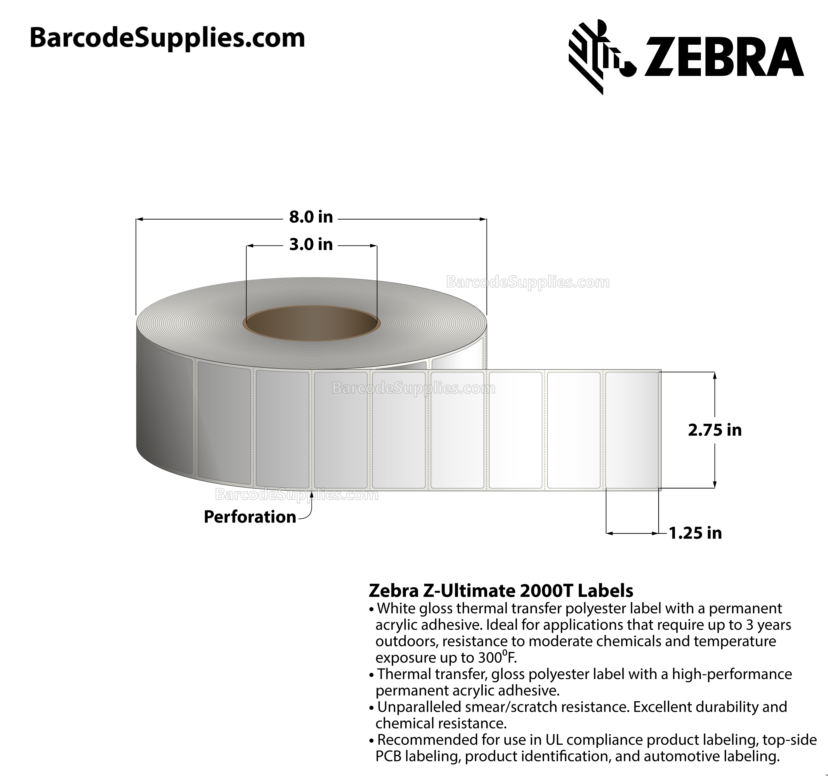 2.75 x 1.25 Thermal Transfer White Z-Ultimate 2000T Labels With Permanent Adhesive - Perforated - 4270 Labels Per Roll - Carton Of 4 Rolls - 17080 Labels Total - MPN: 10008513