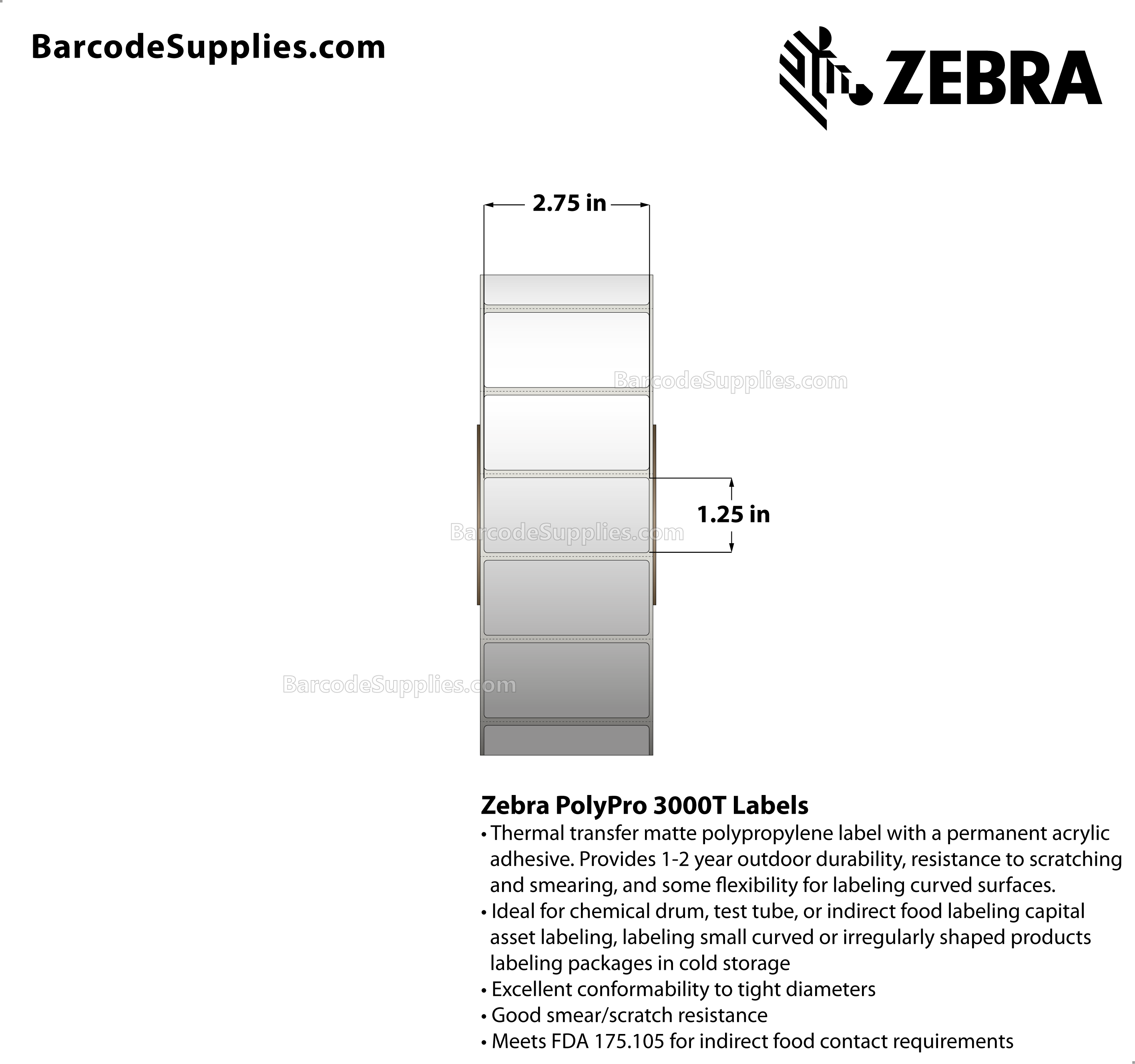 2.75 x 1.25 Thermal Transfer White PolyPro 3000T Labels With Permanent Adhesive - Perforated - 3923 Labels Per Roll - Carton Of 4 Rolls - 15692 Labels Total - MPN: 10011989